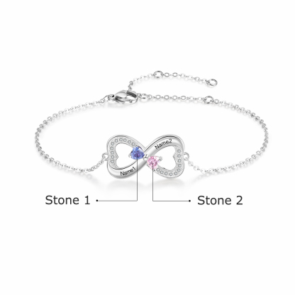 Personalised Bracelet With 2 Heart Birthstones Engraved Names Bracelet Gift For Women-Jessemade AU