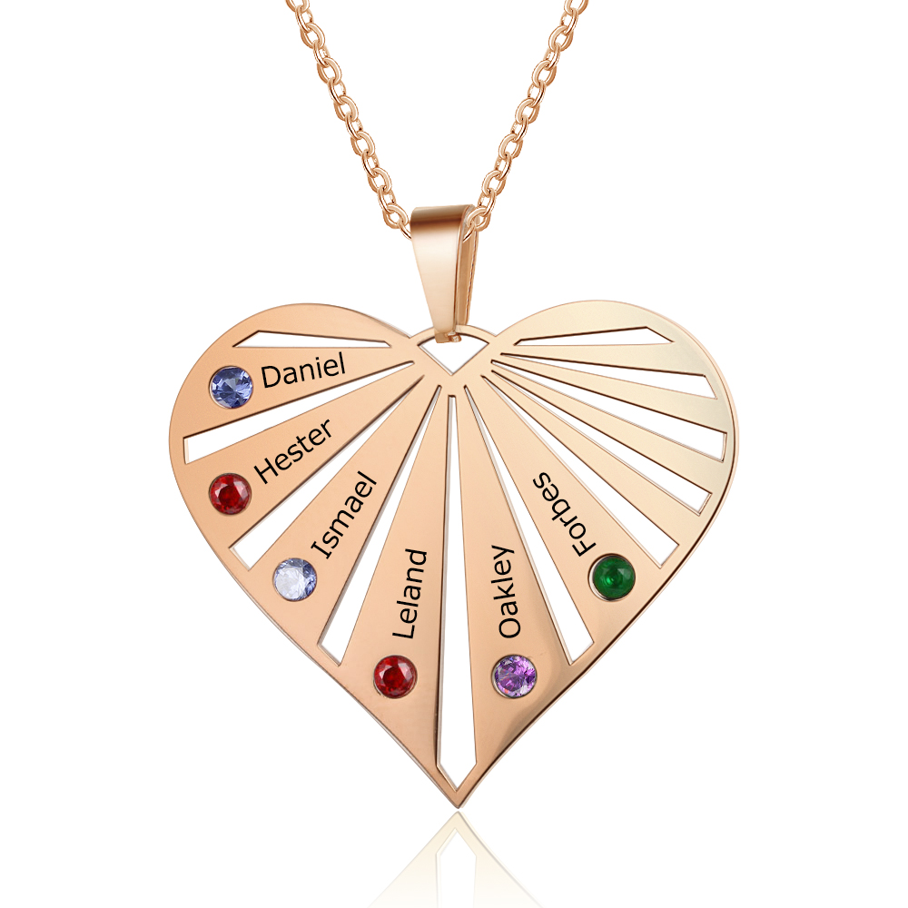 Personalised Heart Necklace With 6 Birthstones Engraved Names Gift For Her-Jessemade AU