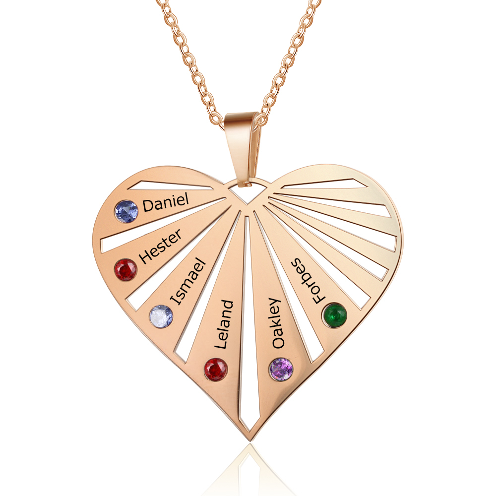 Personalised Heart Necklace With 6 Birthstones Engraved Names Gift For Her-Jessemade AU