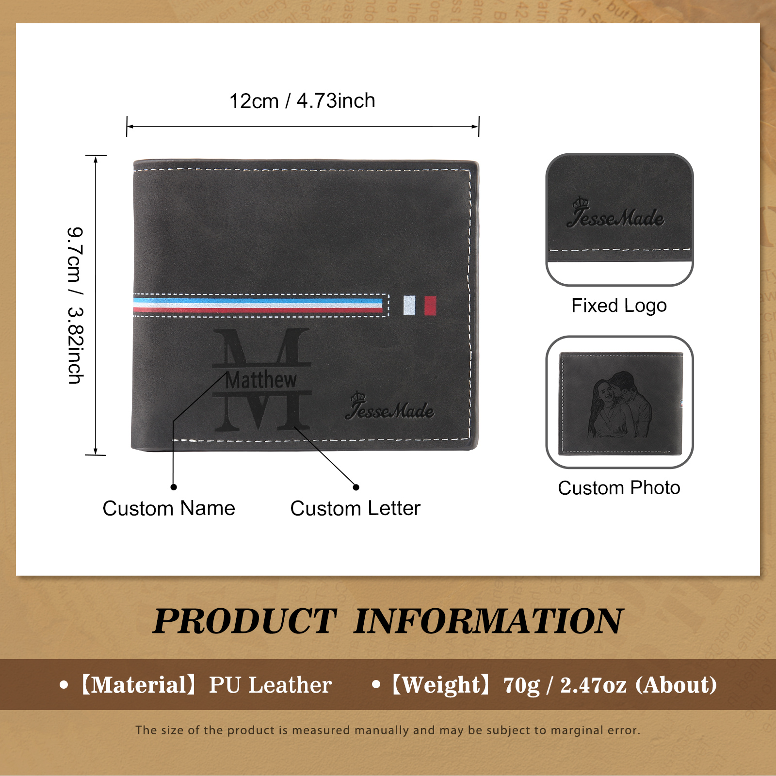 Personalised Photo & Name & Letter Billfold Wallet Monogram Leather Black Wallet Gift for Men-Jessemade AU