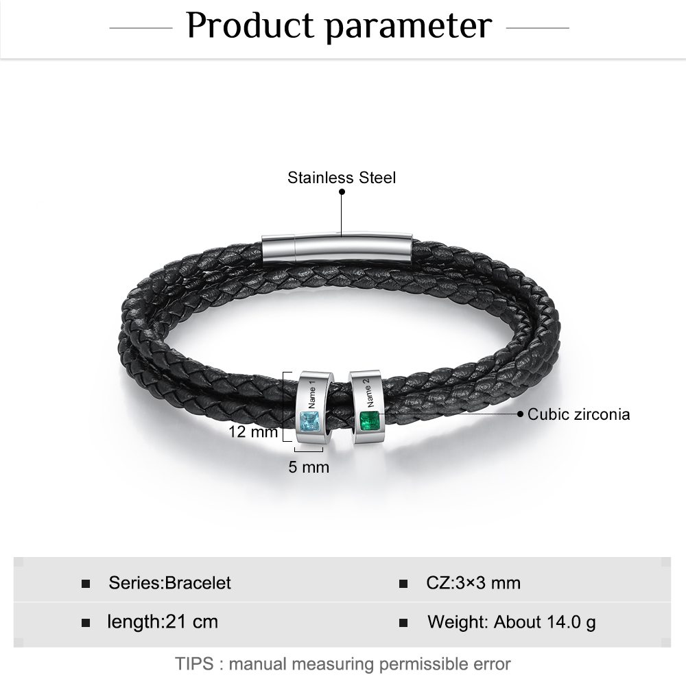Personalised 3 Layer Leather Bracelet with 2 Beads Engraved Names Men's Bracelets for Him-Jessemade AU