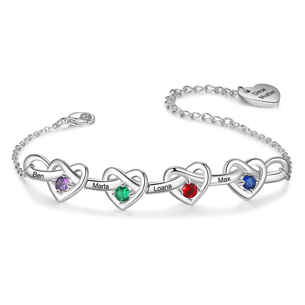 4 Names - Personalised Linked Heart Bracelet Custom 4 Birthstones Engraved Text Bracelets-Jessemade AU