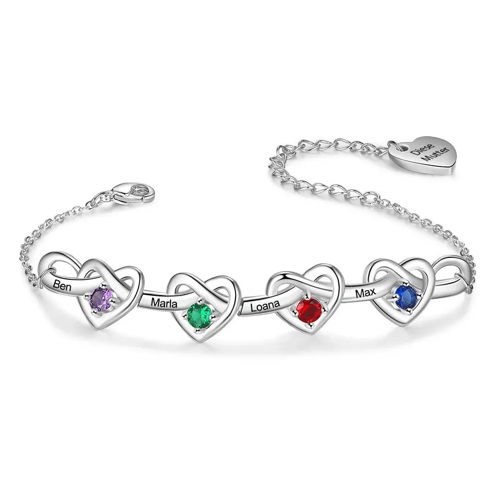4 Names - Personalised Linked Heart Bracelet Custom 4 Birthstones Engraved Text Bracelets-Jessemade AU