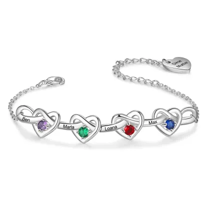 4 Names - Personalised Linked Heart Bracelet Custom 4 Birthstones Engraved Text Bracelets-Jessemade AU