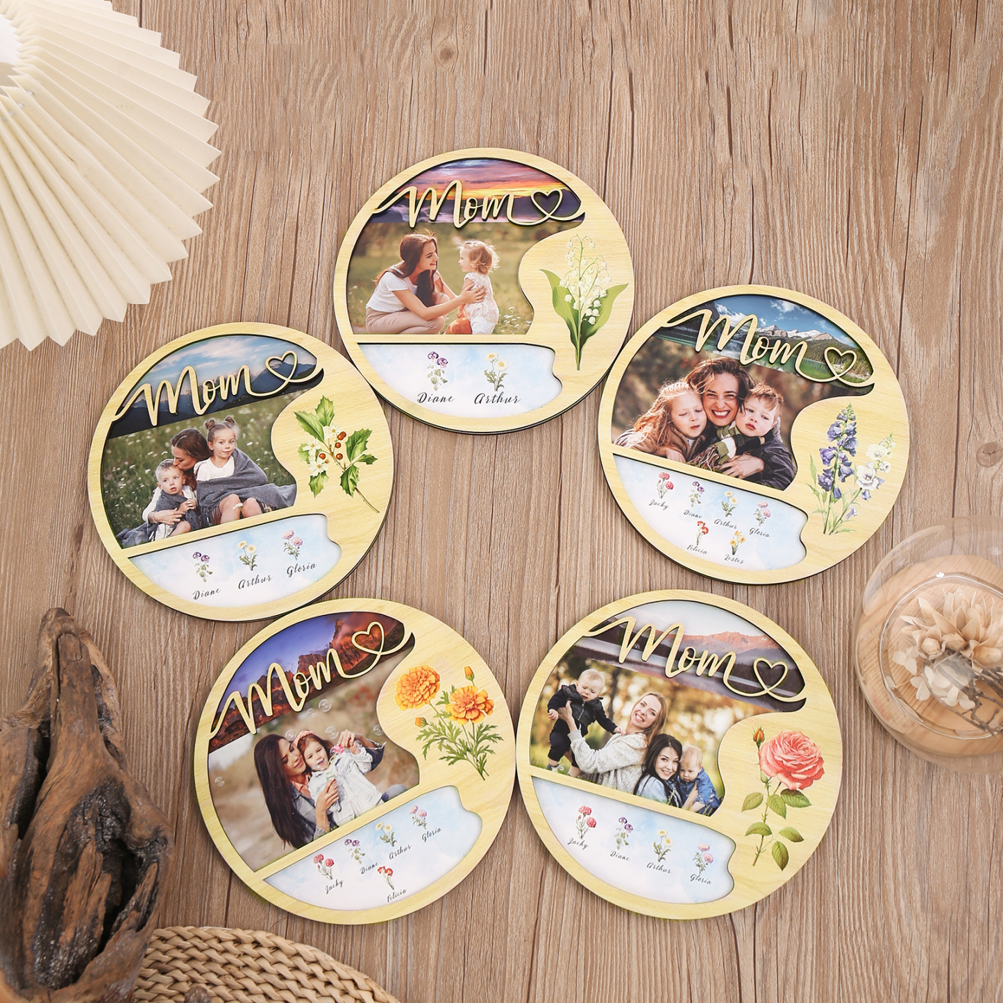 Personalised Photo & Text Wooden Plaque Custom 5 Birth Flowers & 4 Names Wooden Sign With Stand Gifts for Mum/Nana-Jessemade AU