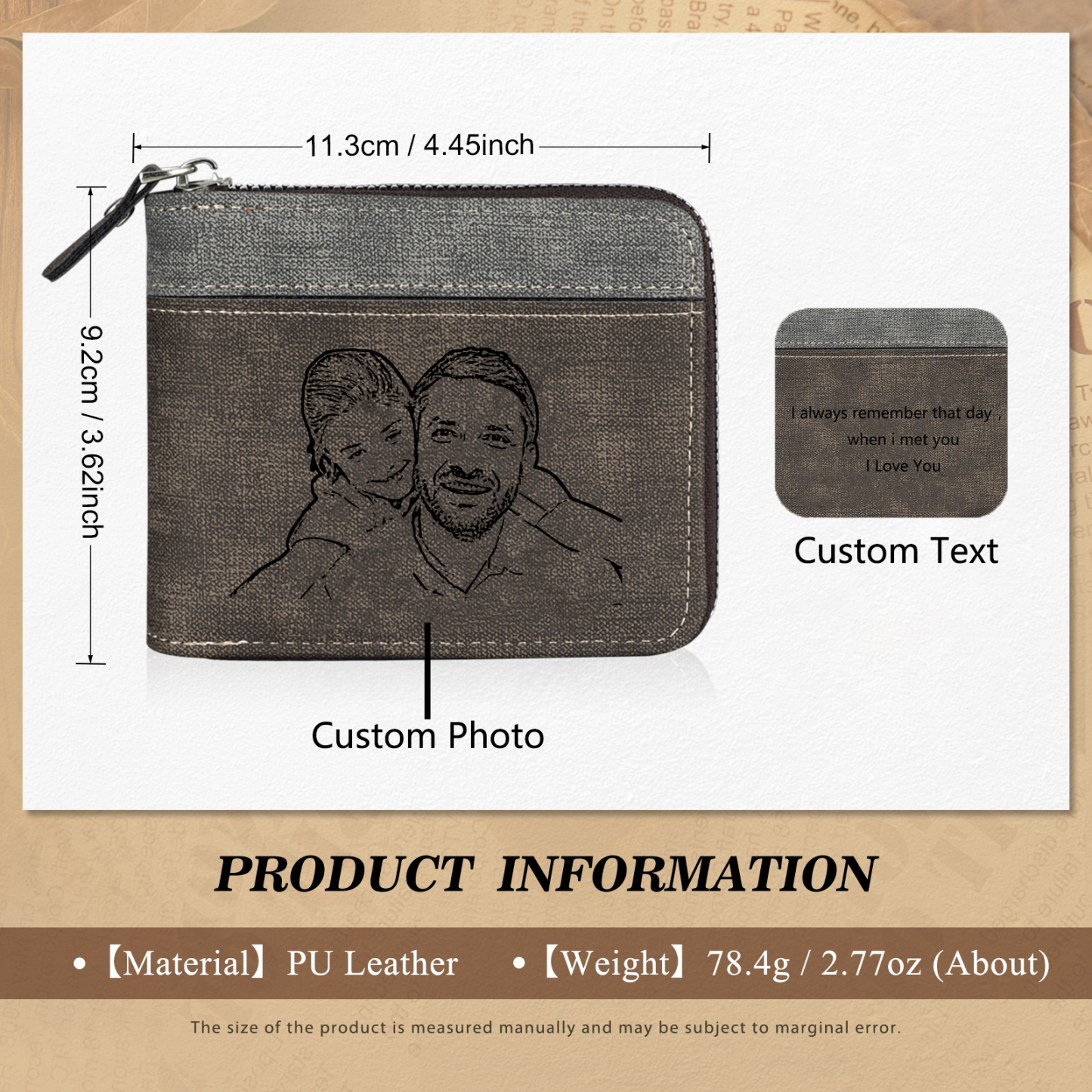 Personalised Photo & Text Billfold Wallet Custom Men's Leather Wallet Zipper Gift for Him-Jessemade AU