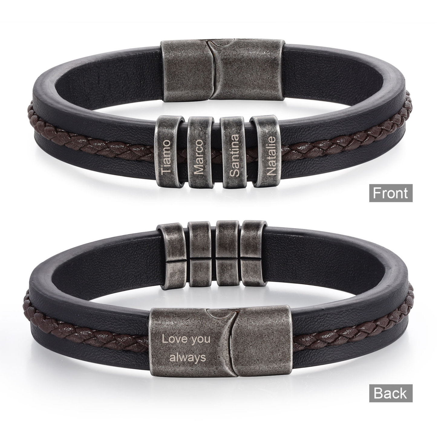 4 Names - Personalised Men's Leather Bracelet Custom Text Beaded Bracelets Vintage Gift for Him