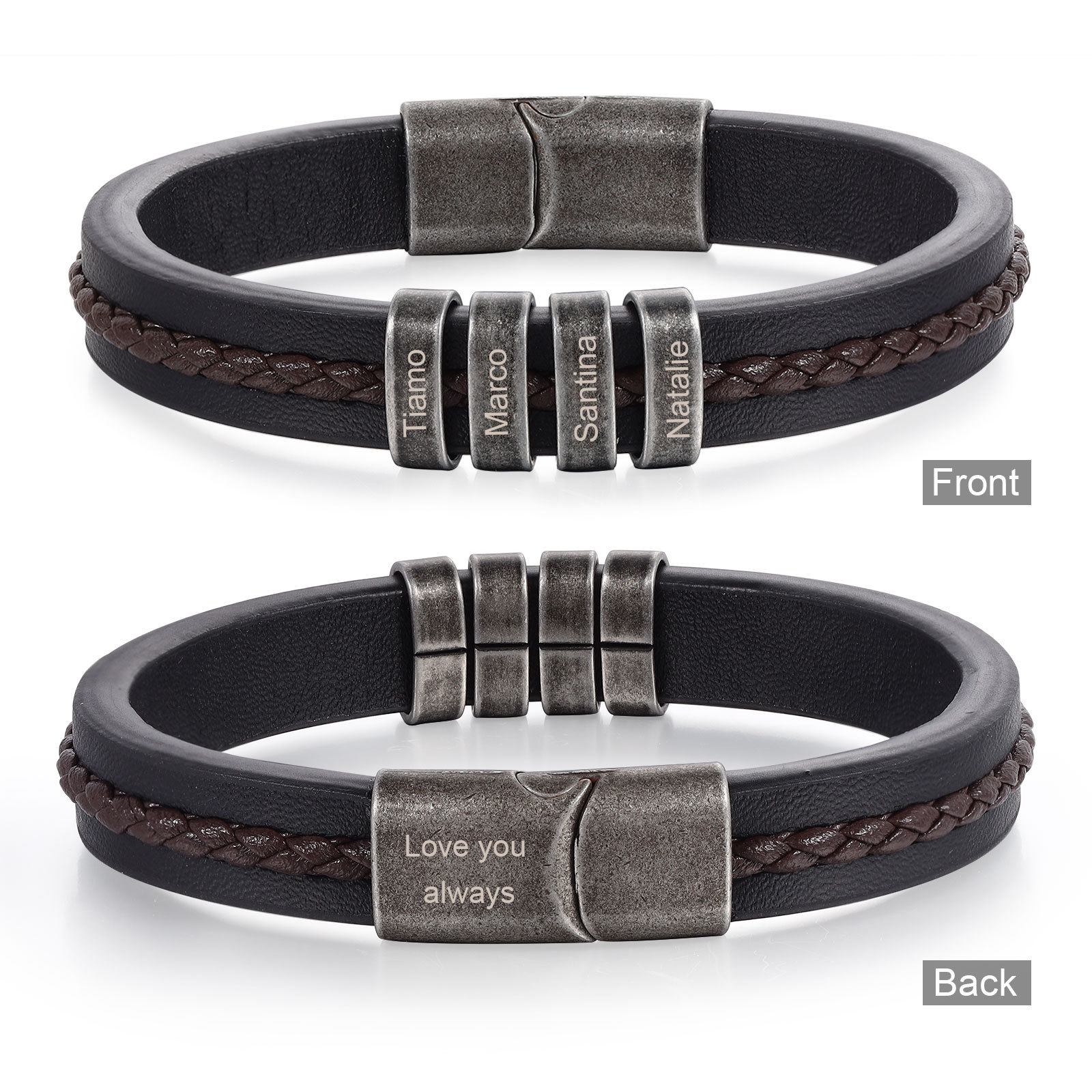 4 Names - Personalised Men's Leather Bracelet Custom Text Beaded Bracelets Vintage Gift for Him