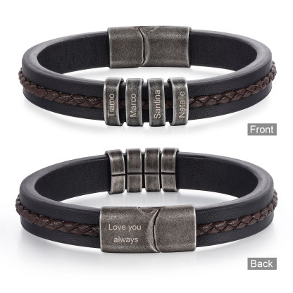 4 Names - Personalised Men's Leather Bracelet Custom Text Beaded Bracelets Vintage Gift for Him