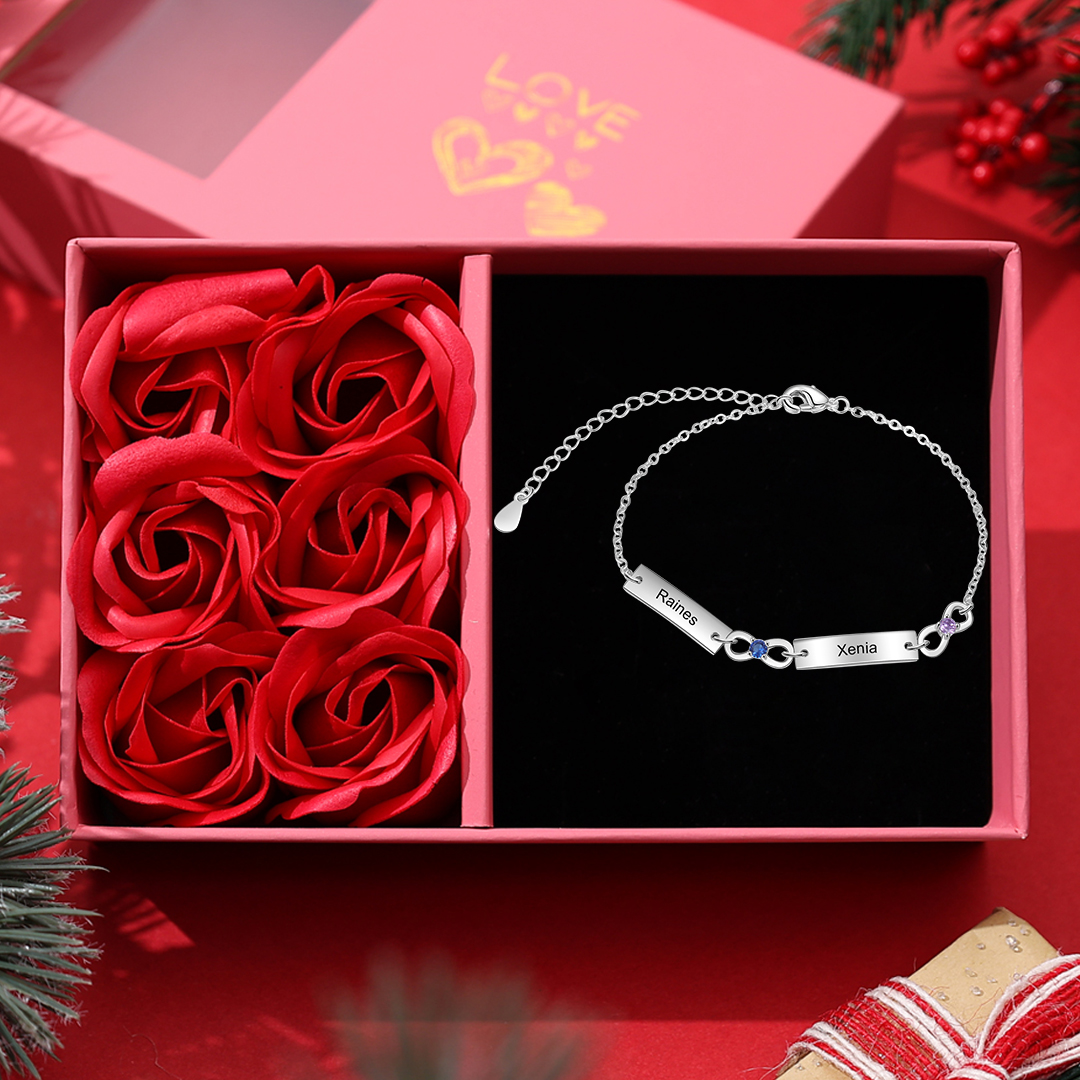 Personalised Bracelet With 2 Birthstones Engraved Names Bracelet Gift For Women-Jessemade AU