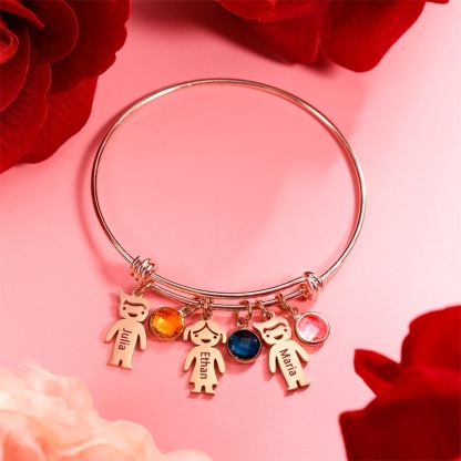 Bangle Bracelet with Kids Charms Persoanlized with 4 Birthstone Custom Bracelets Rose Box Set-Jessemade AU