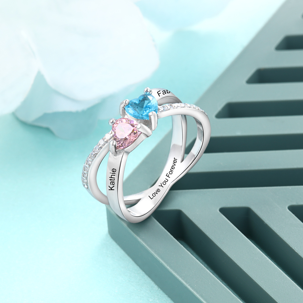 Personalised Mothers Ring With 2 Birthstones Engraved Names Ring Gifts For Her-Jessemade AU