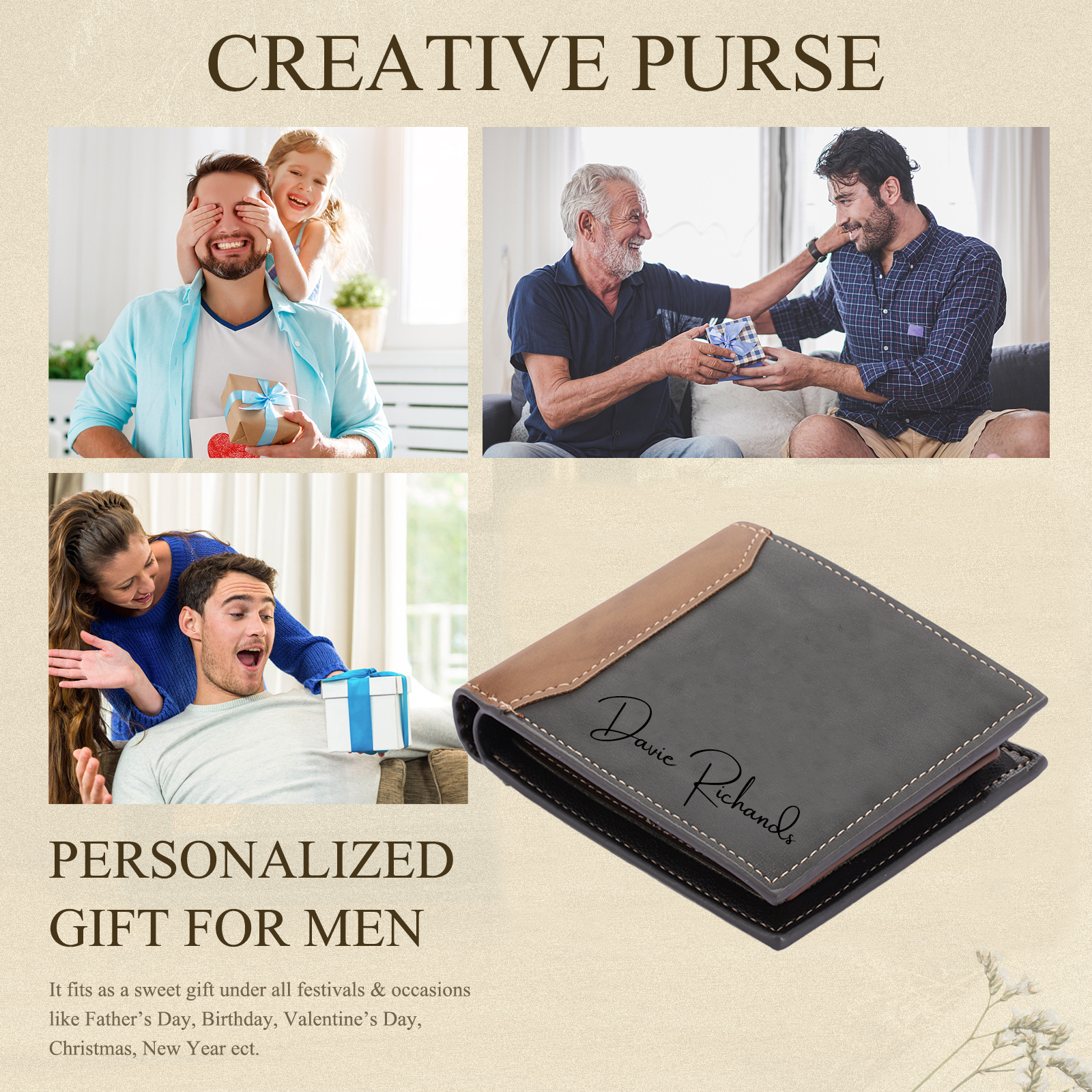 Personalised 2 Texts & 1 Photo & 1 Name & 1 Letter Gift Set Custom Wallet & Keychain & Pen Gift Box Set Father’s Day Gift for Him
