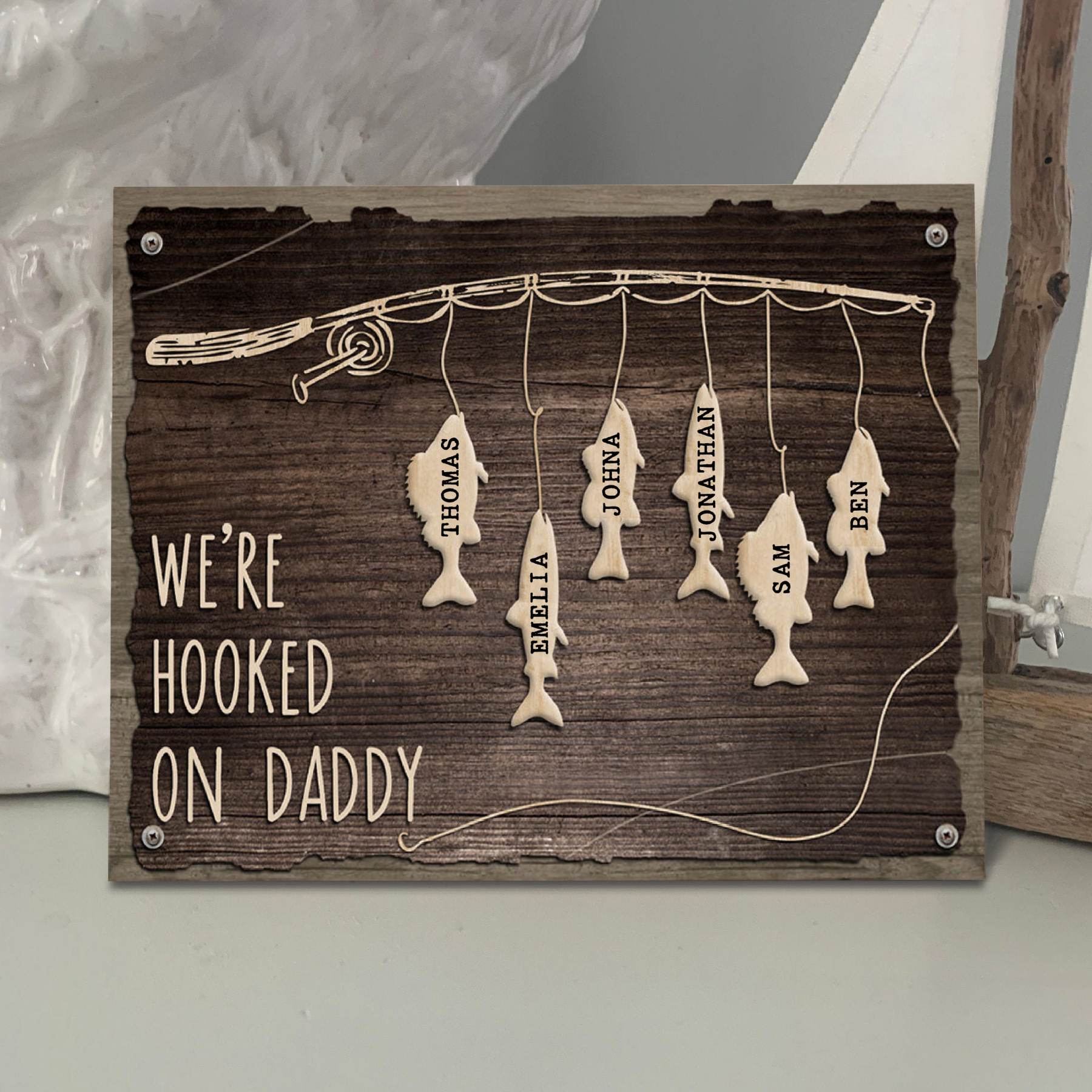 Father's Day Gifts Wood Signs Engrave 6 Names Frame Keepsake -We've Hooked On Daddy-Jessemade AU