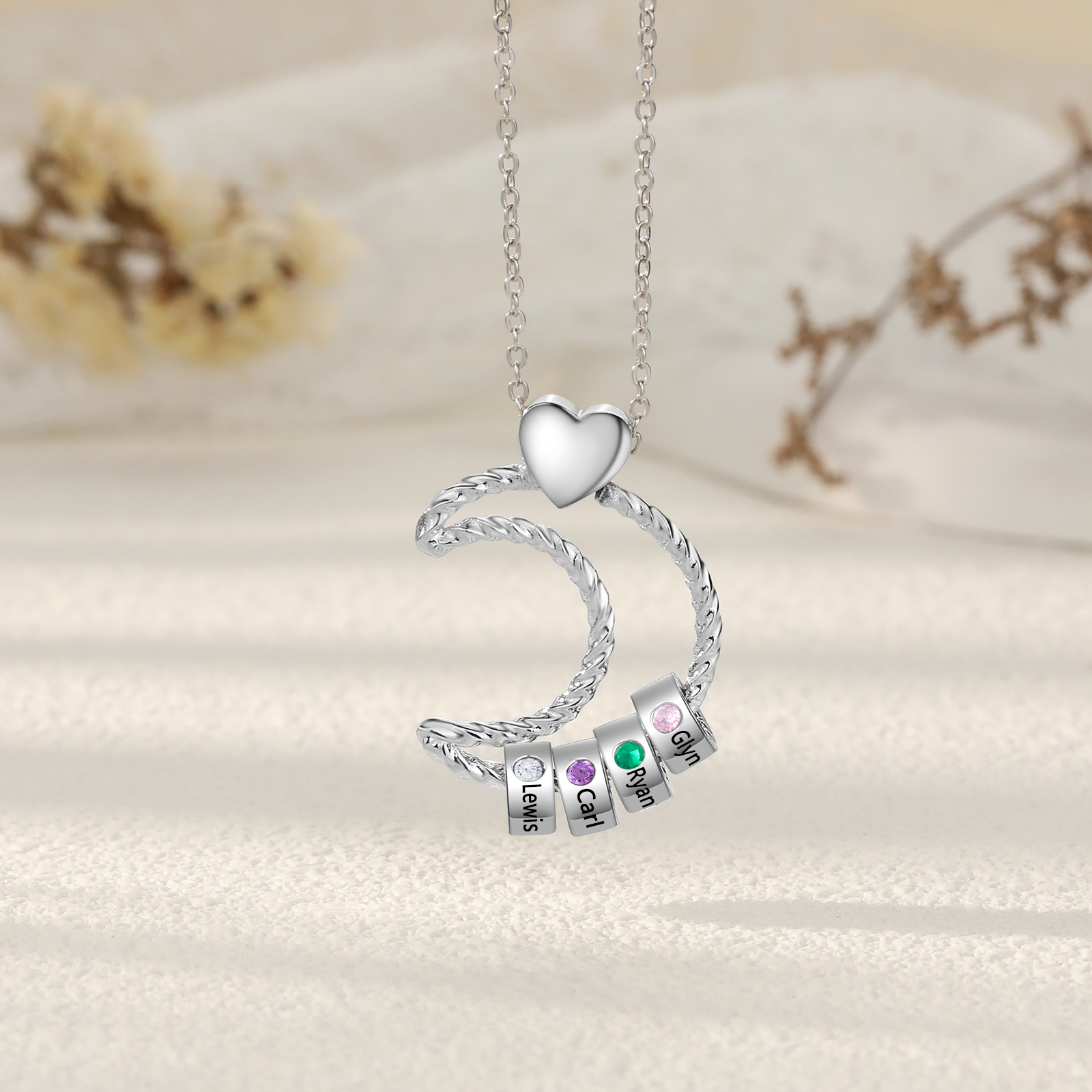 4 Names - Personalised Moon Pendant Necklace Custom Birthstones & Names Necklace Gift for Her-Jessemade AU