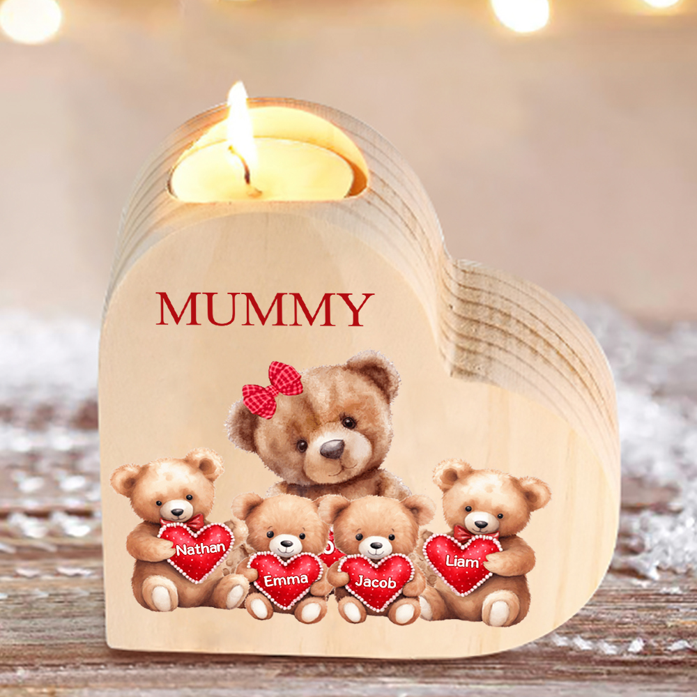 Personalised 4 Names & 1 Text Candle Holder Teddy Bear Wooden Candlestick Gifts for Grandma/Mother-Jessemade AU