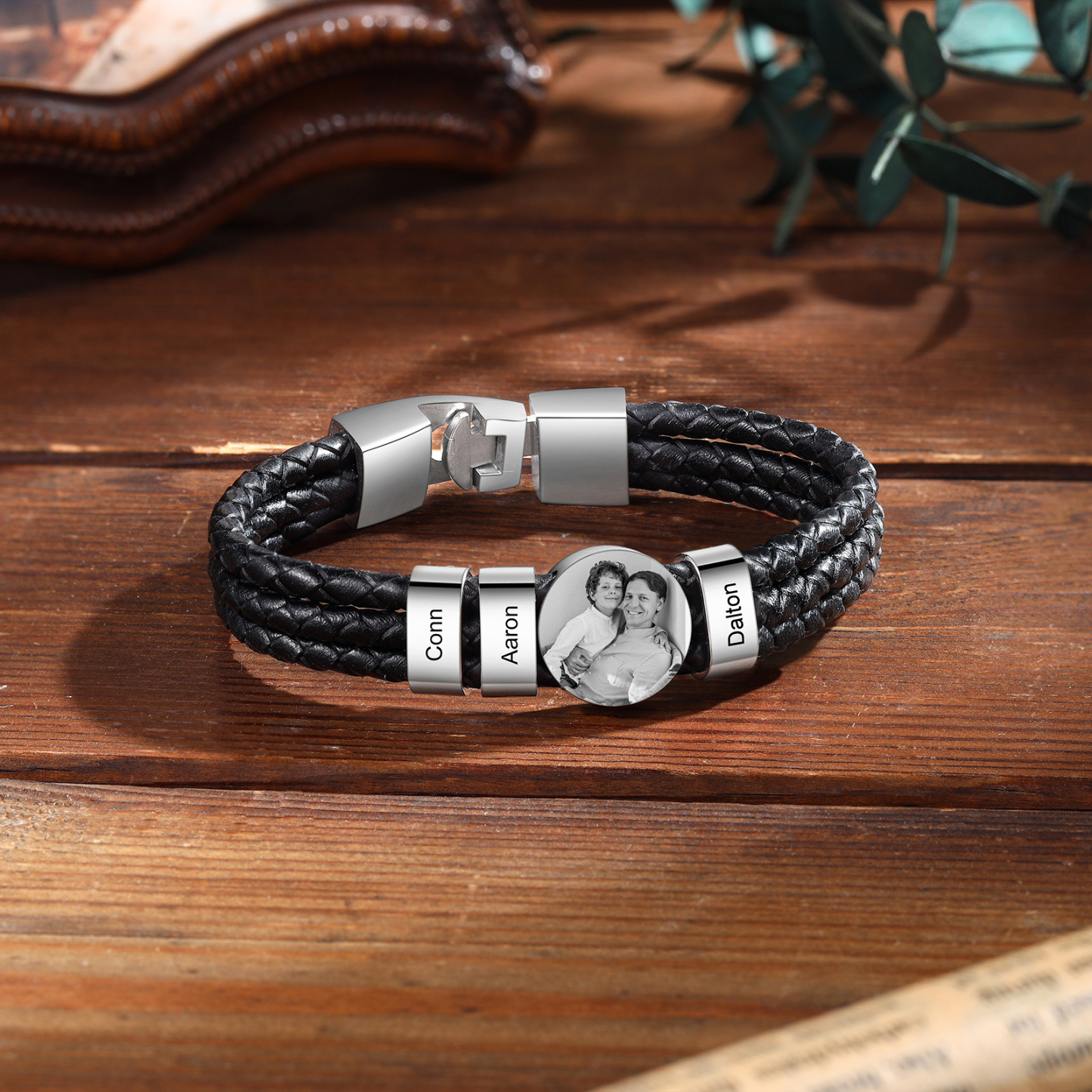 Personalised Men's Leather Bracelet Custom 3 Names & 1 Photo Braided Bracelet Father's Day Gifts for Him-Jessemade AU