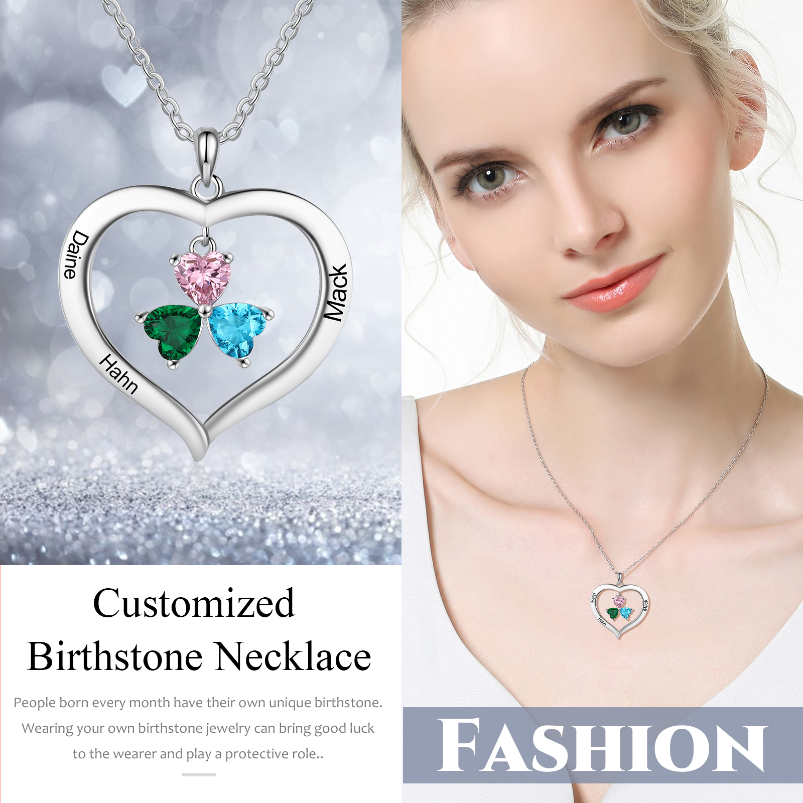 Personalised Heart Pendant Necklace with 3 Birthstones Engraved Names Family Necklace Gifts for Her-Jessemade AU