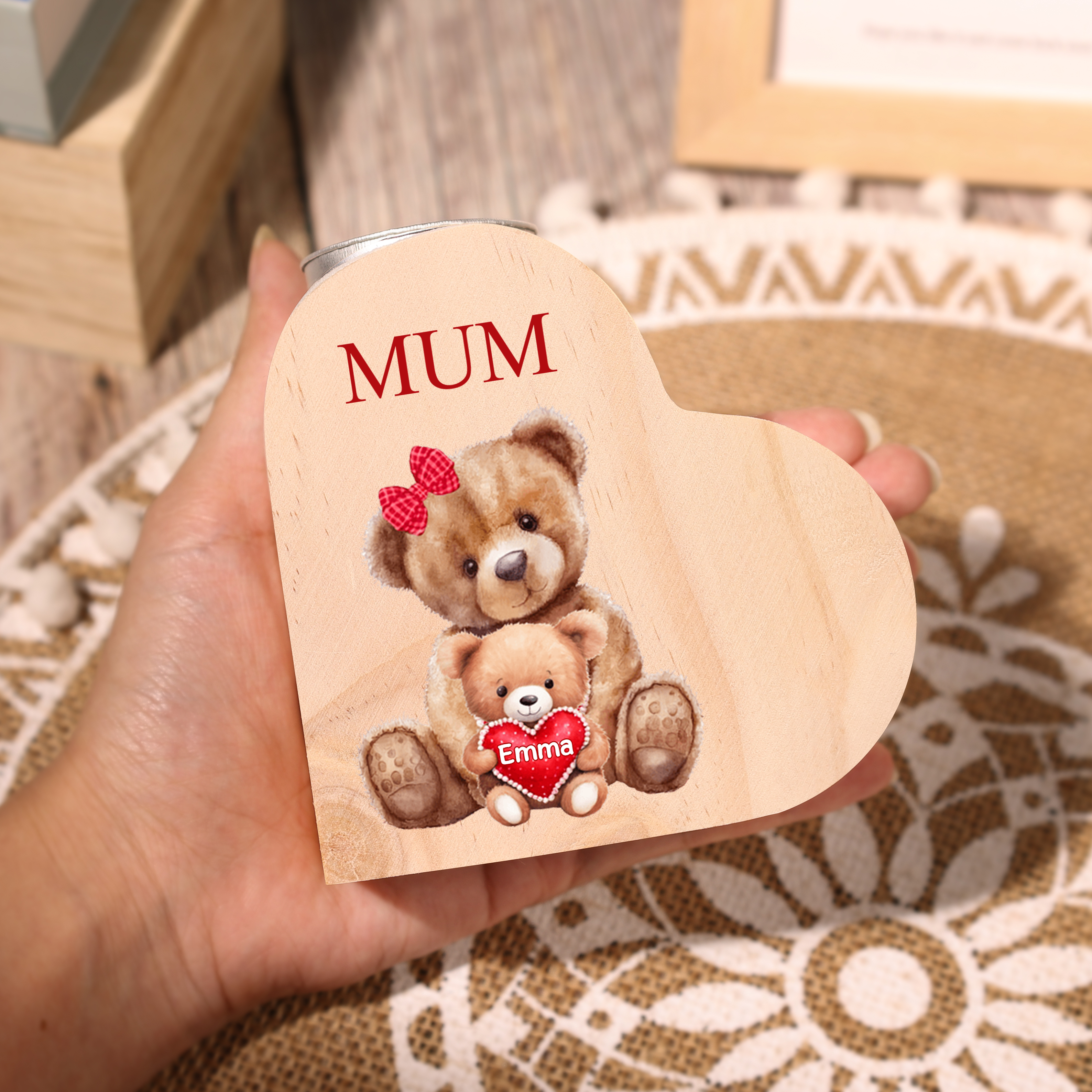 Personalised 1 Name & 1 Text Candle Holder Teddy Bear Wooden Candlestick Gifts for Grandma/Mother-Jessemade AU