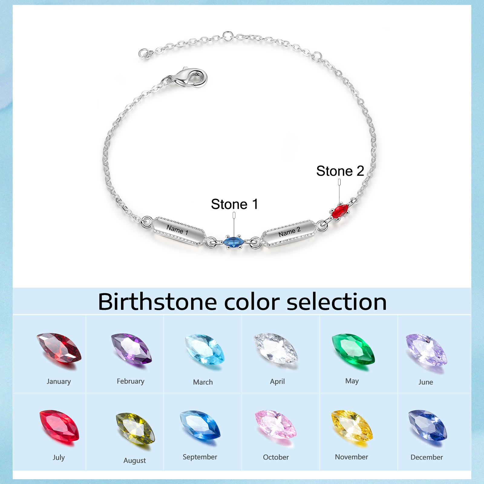 Custom Birthstone Bracelet with 2 Names Personalised Family Bracelet-Jessemade AU