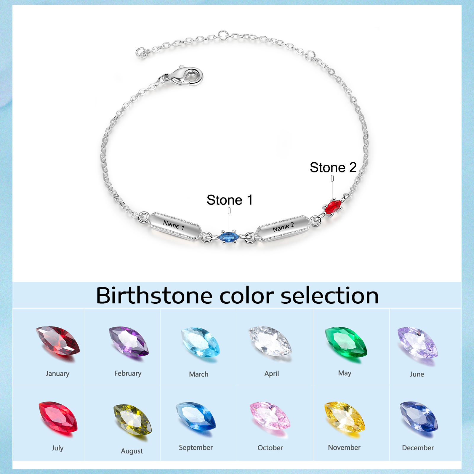 Custom Birthstone Bracelet with 2 Names Personalised Family Bracelet-Jessemade AU