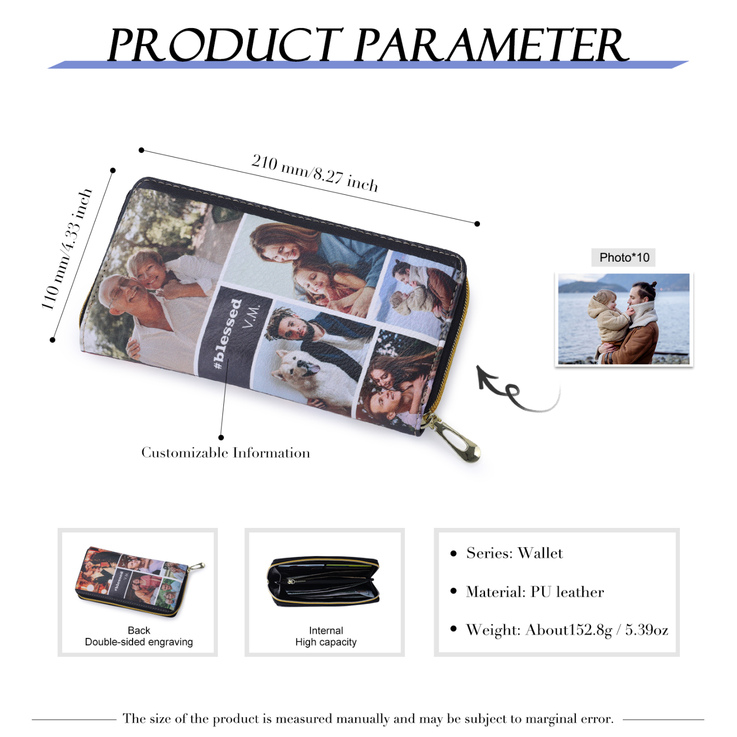 Long Purse Personalised Leather Wallet Engraved 10 Photos Zip Wallet 2023 Gifts For Women Men-Jessemade AU