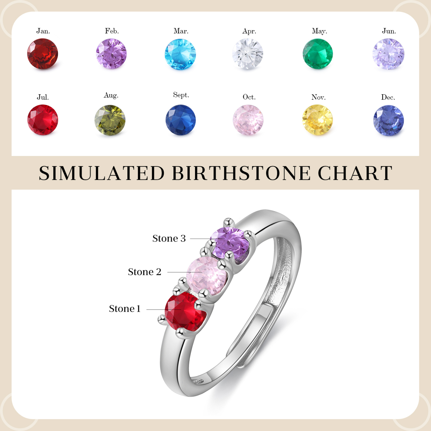 Personalised Women's Ring Customised 3 Birthstones Open Ring Birthday Gift for Women Girls-Jessemade AU