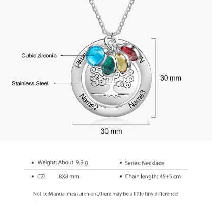 Personalised Family Tree Necklace with 4 Birthstones Engraved Names Gift For Women-Jessemade AU