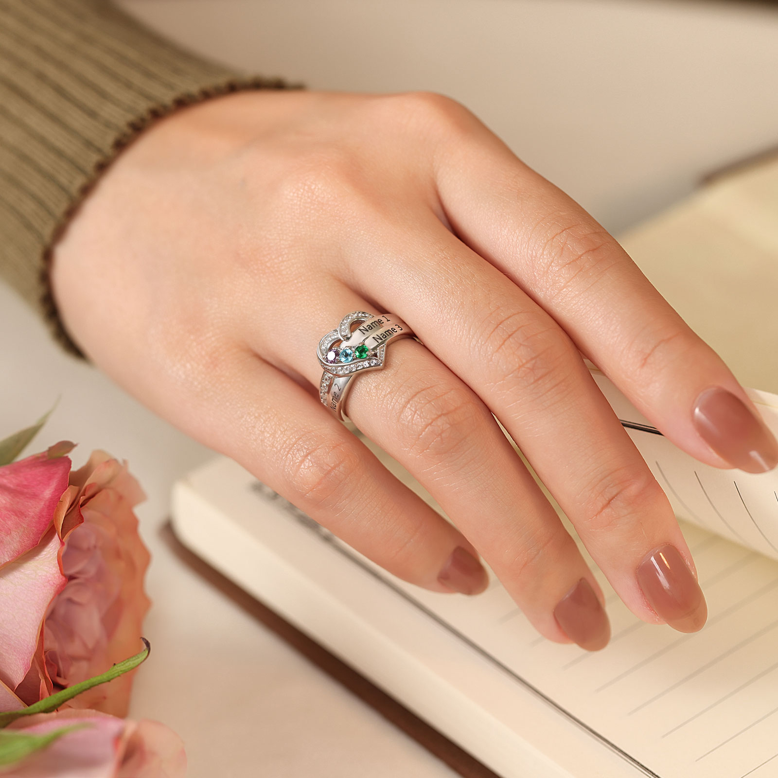 S925 Silver Personalised Mother Ring with 5 Birthstones Heart Family Ring-Jessemade AU