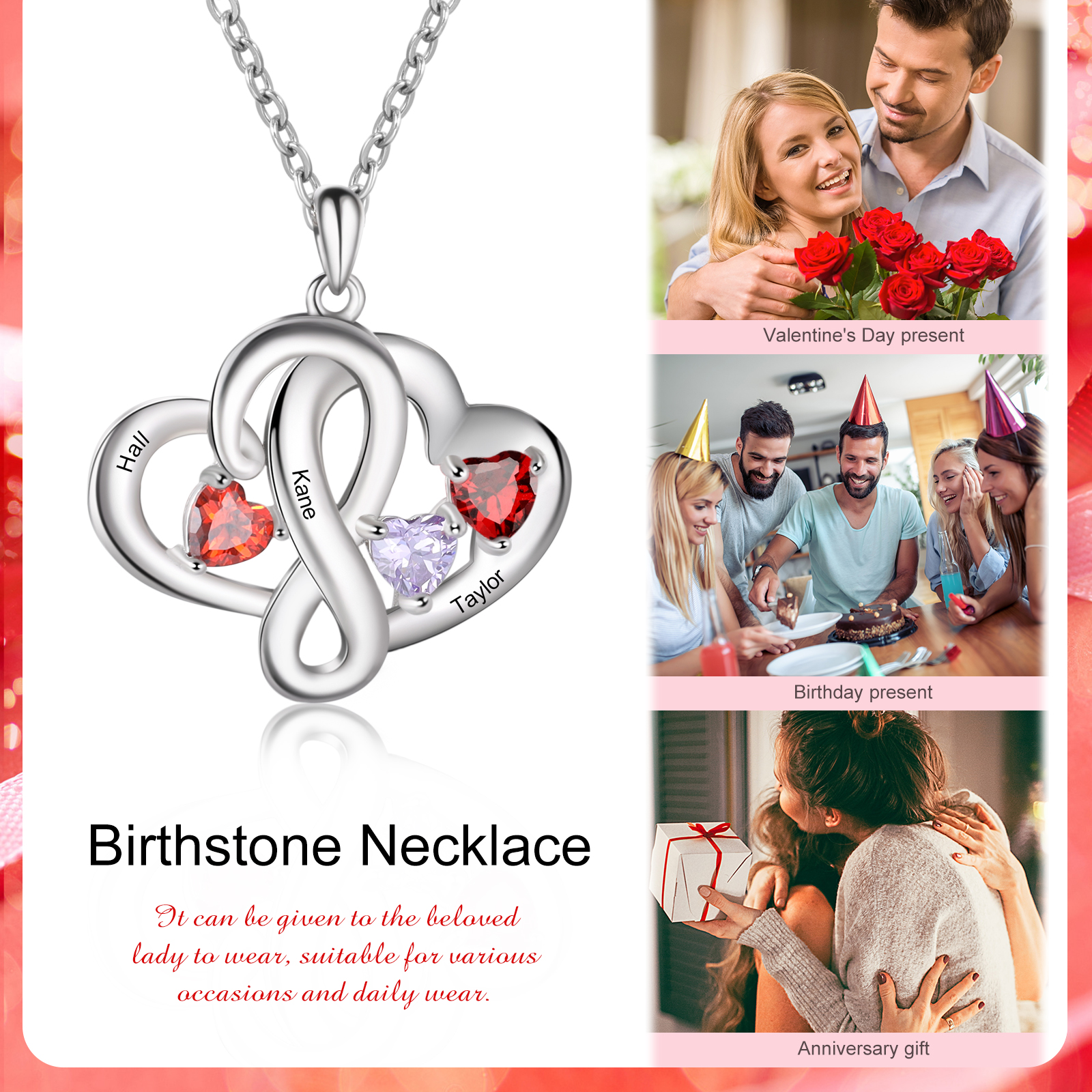 Personalised Double Hearts Birthstone Necklace With Engraving 3 Names For Lover-Jessemade AU