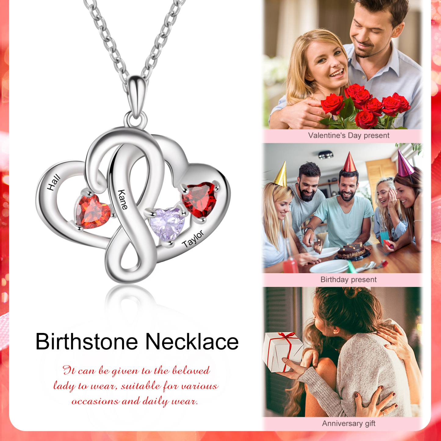 Personalised Double Hearts Birthstone Necklace With Engraving 3 Names For Lover-Jessemade AU