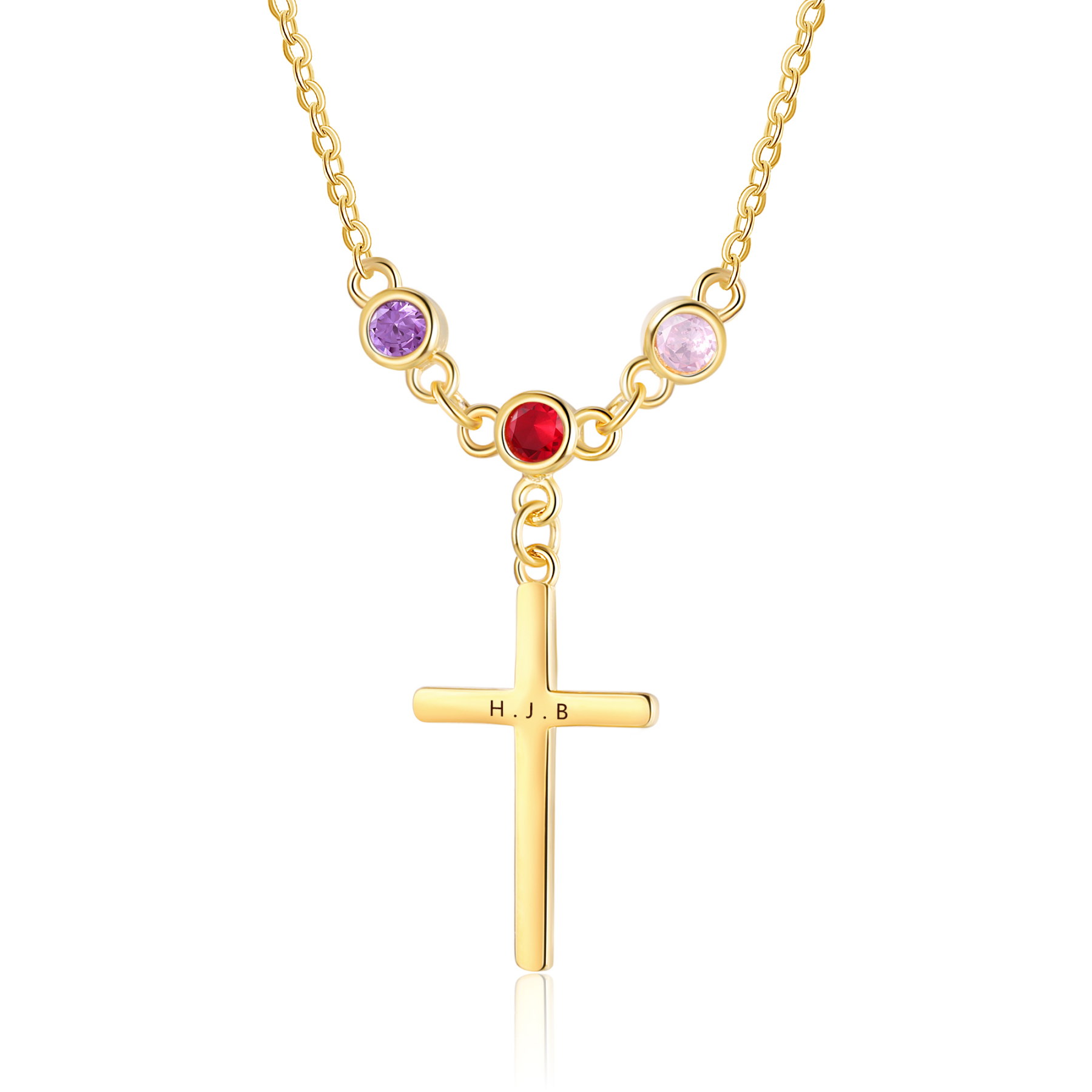 Personalised Cross Pendant Necklace Custom 3 Birthstones & 1 Text Necklace Birthday Gift for Her-Jessemade AU