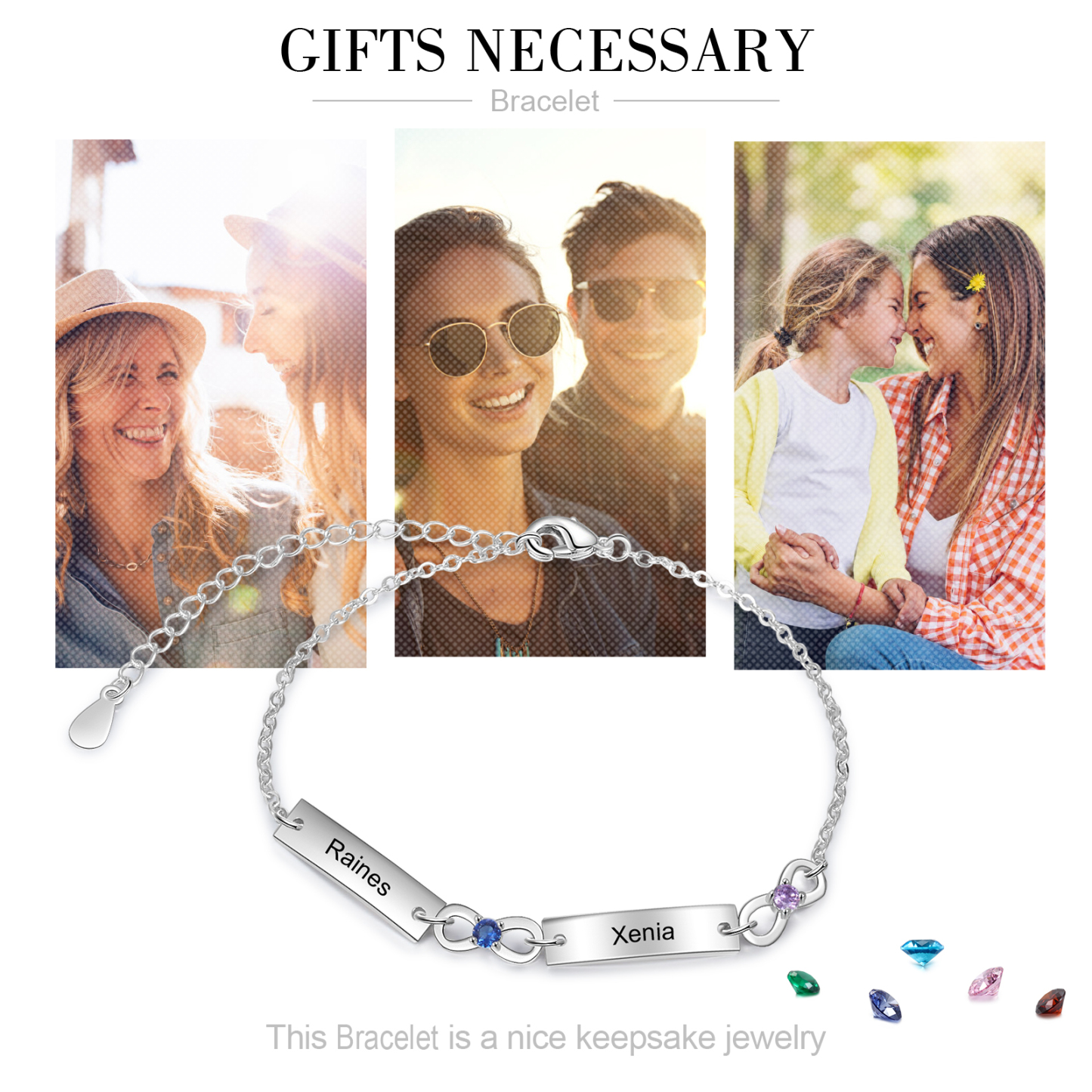 Personalised Bracelet With 2 Birthstones Engraved Names Bracelet Gift For Women-Jessemade AU