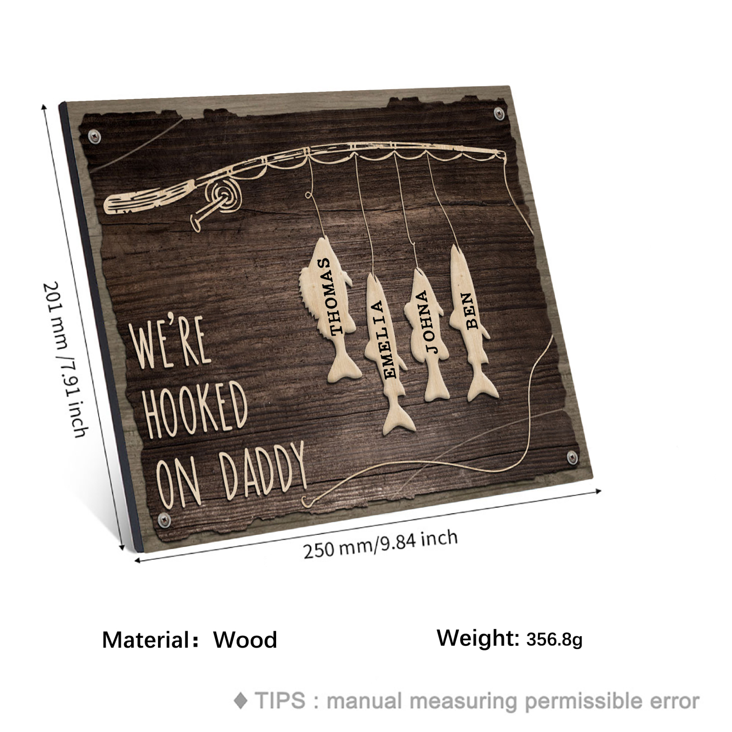 Father's Day Gifts Wood Signs Engrave 4 Names Frame Keepsake -We've Hooked On Daddy-Jessemade AU