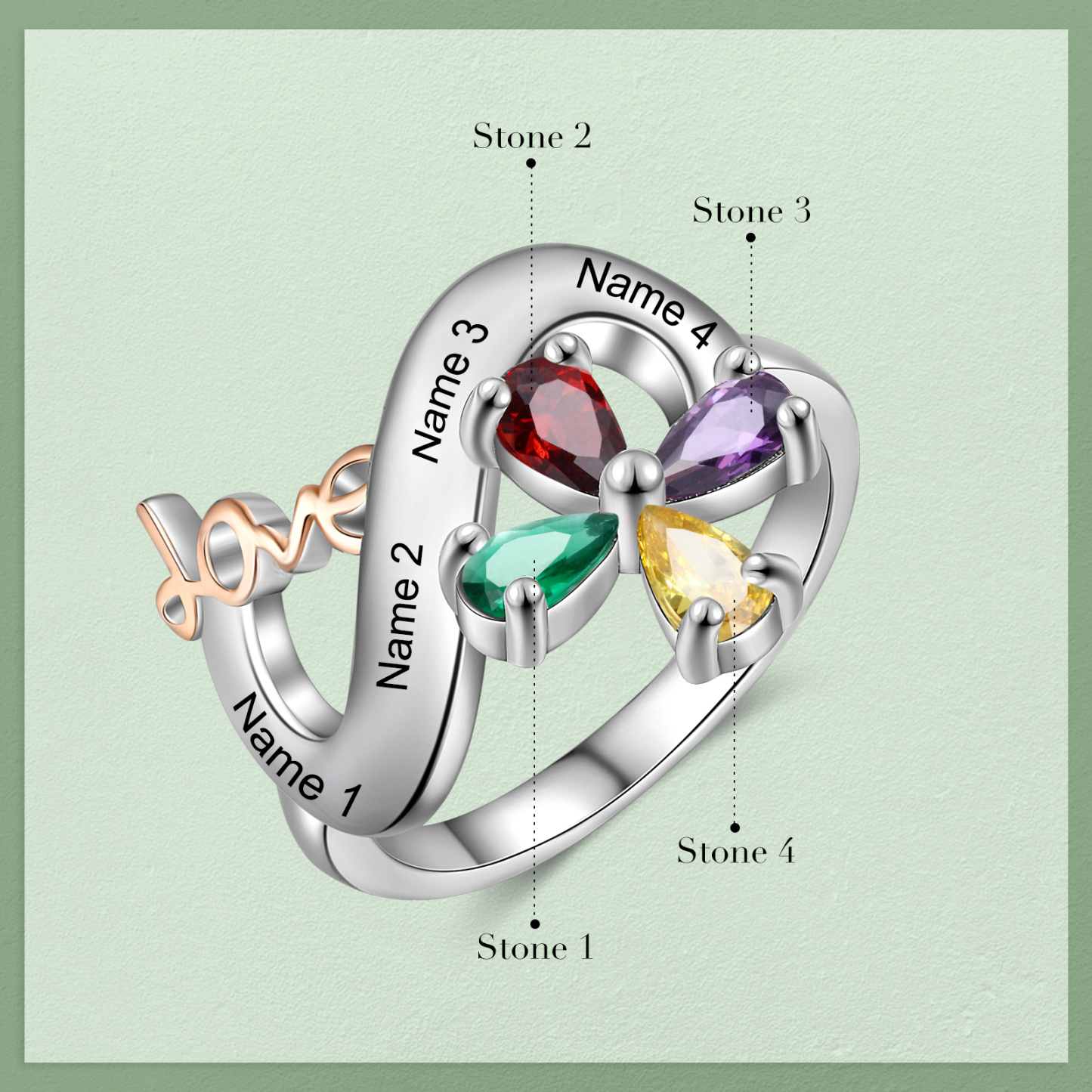 Personalised Butterfly Ring Custom 4 Birthstones Love Ring Gifts For Her-Jessemade AU