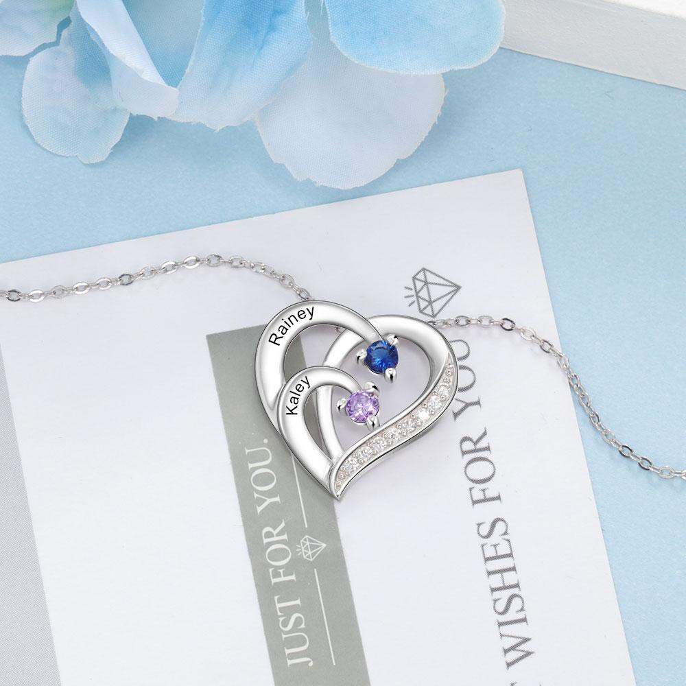 Personalised Mother Necklace Engraved 2 Names 2 Birthstone Intertwined Heart Pendant