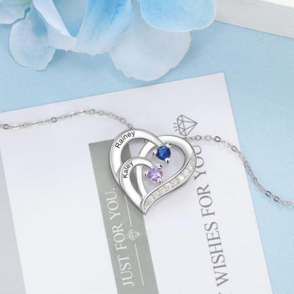 Personalised Mother Necklace Engraved 2 Names 2 Birthstone Intertwined Heart Pendant