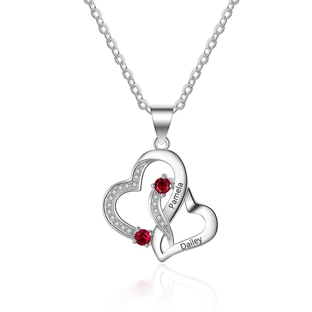 Personalised Heart Necklace With 2 Birthstones Engraved Names Necklace Gift For Women-Jessemade AU