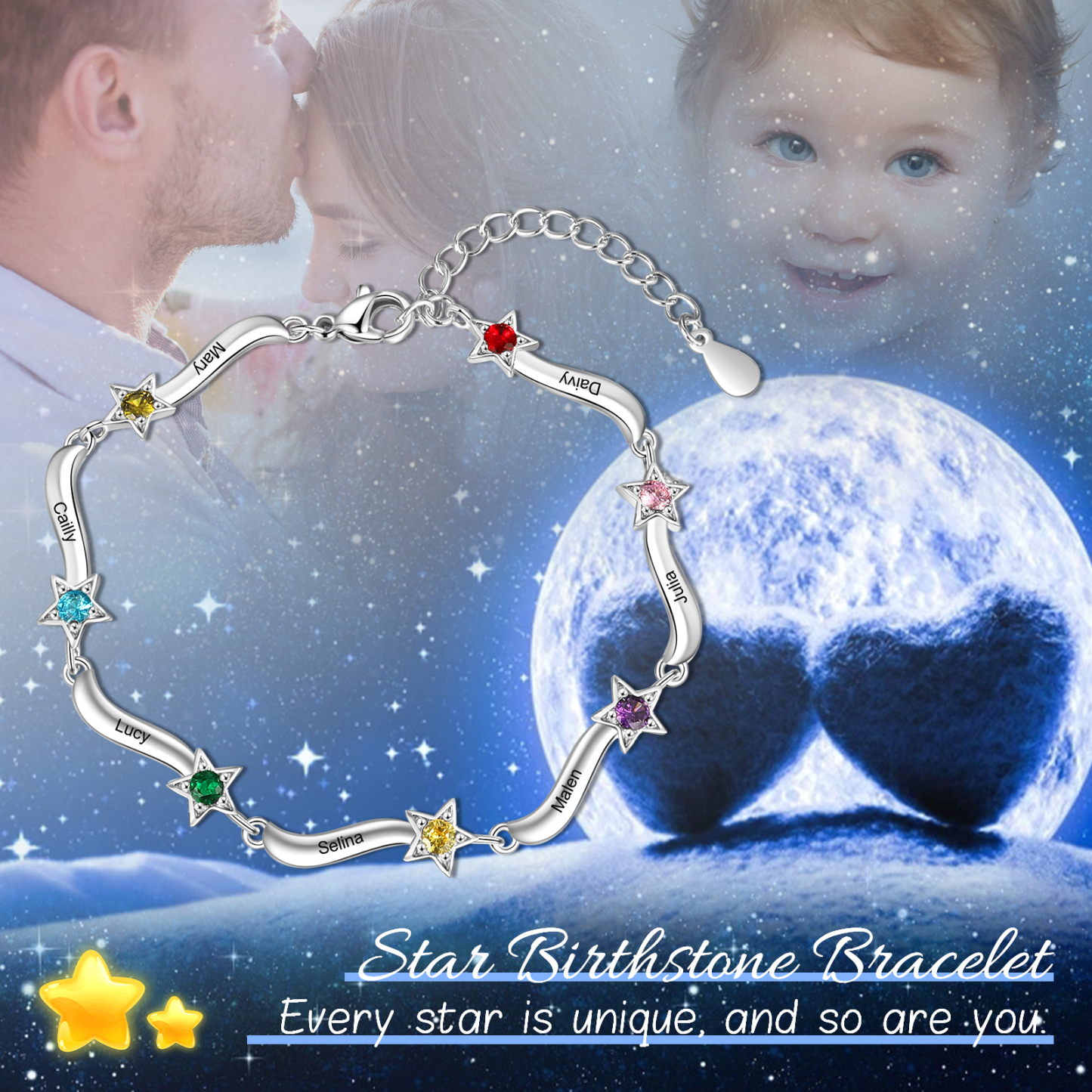 Personalised Star Bracelet With 7 Birthstones Custom Names Bracelet Gift For Women-Jessemade AU
