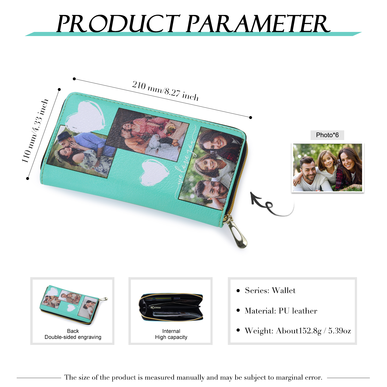 Long Purse Personalised Leather Wallet Engraved 6 Photos Zip Wallet Gifts for Her-Jessemade AU