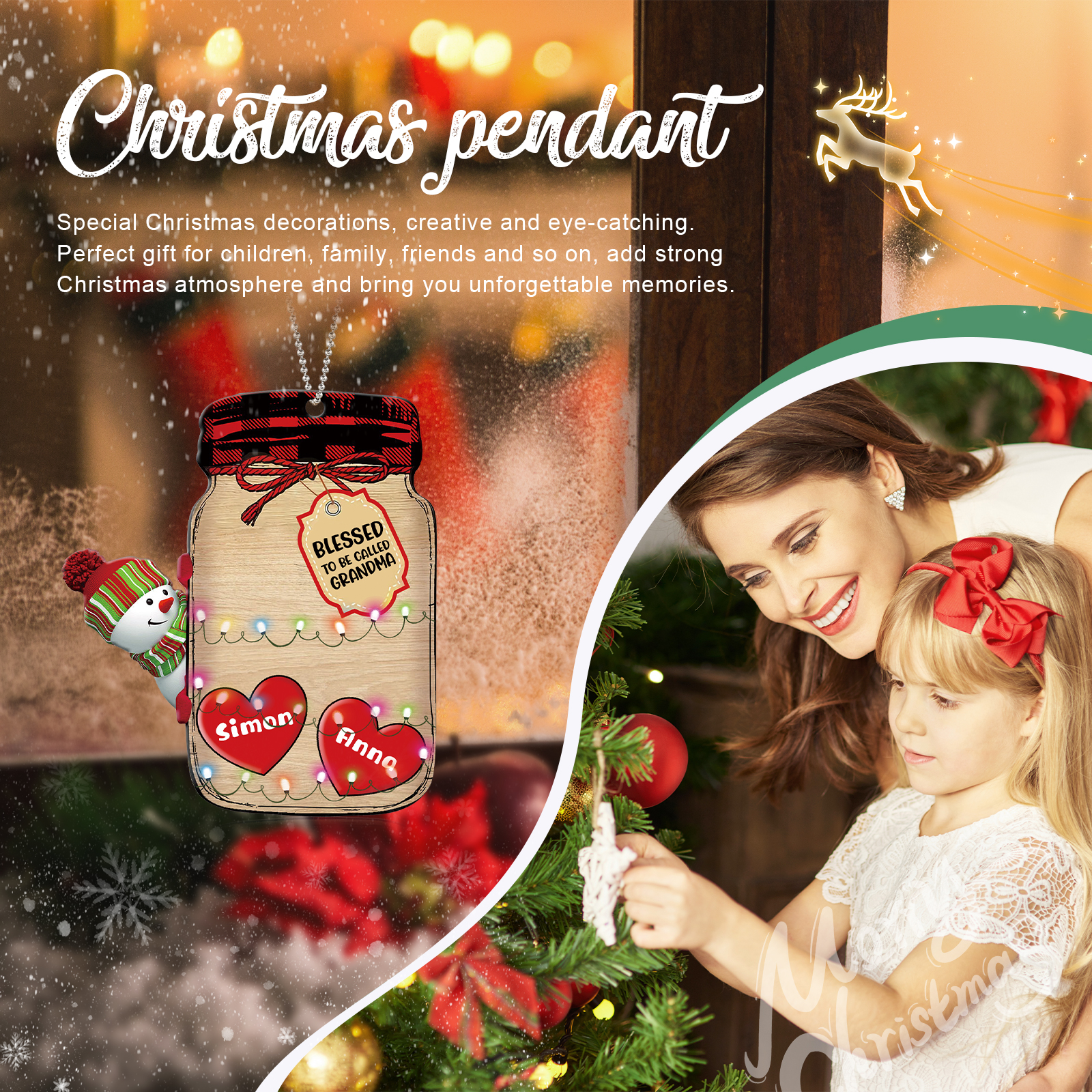 2 Names - Personalised Heart Christmas Ornament Customised Name & Text Acrylic Snowman Hanging Ornaments Jar Gift for Family-Jessemade AU