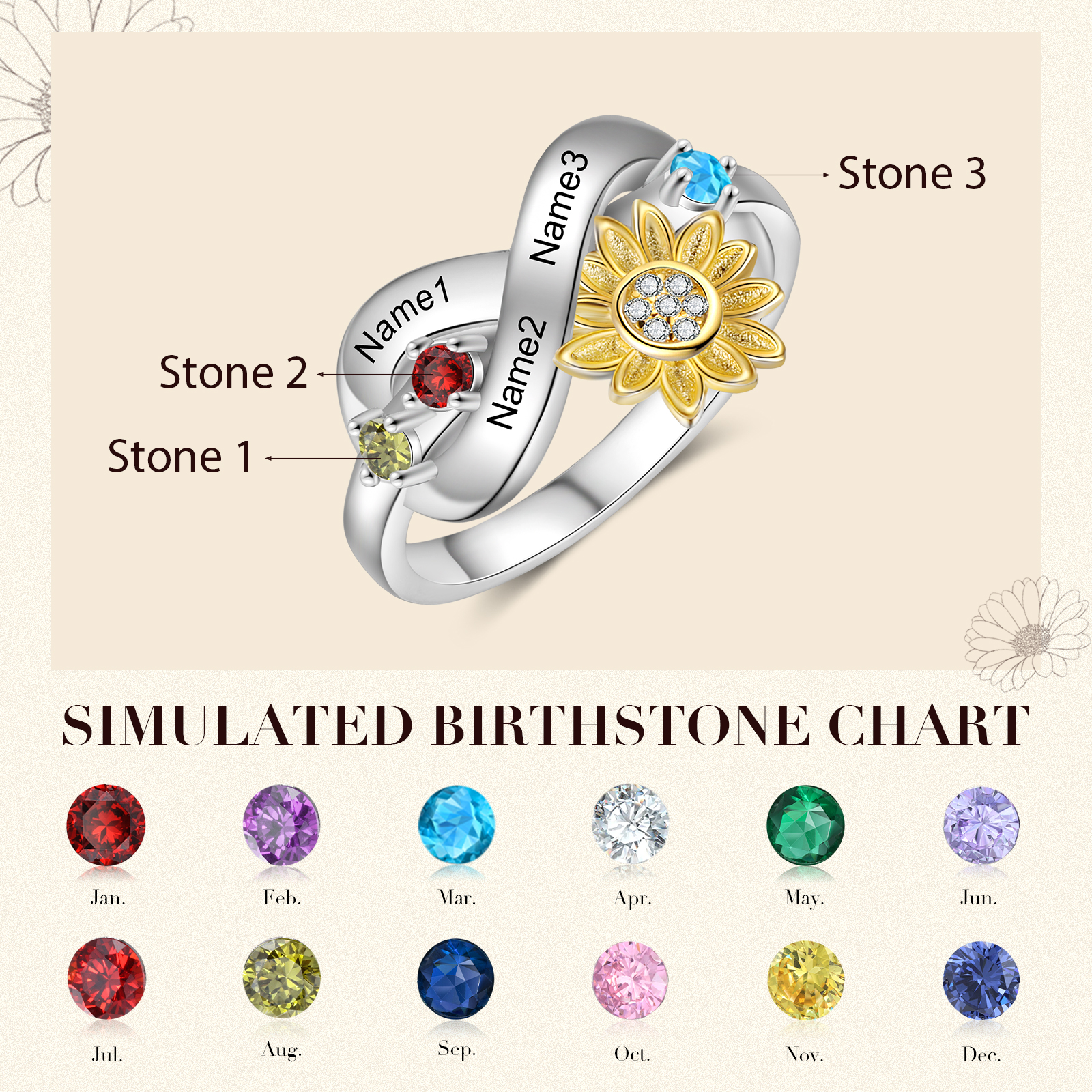 Personalised 3 Birthstones Sunflower Ring Engraved Names Infinity Ring Gifts For Her-Jessemade AU