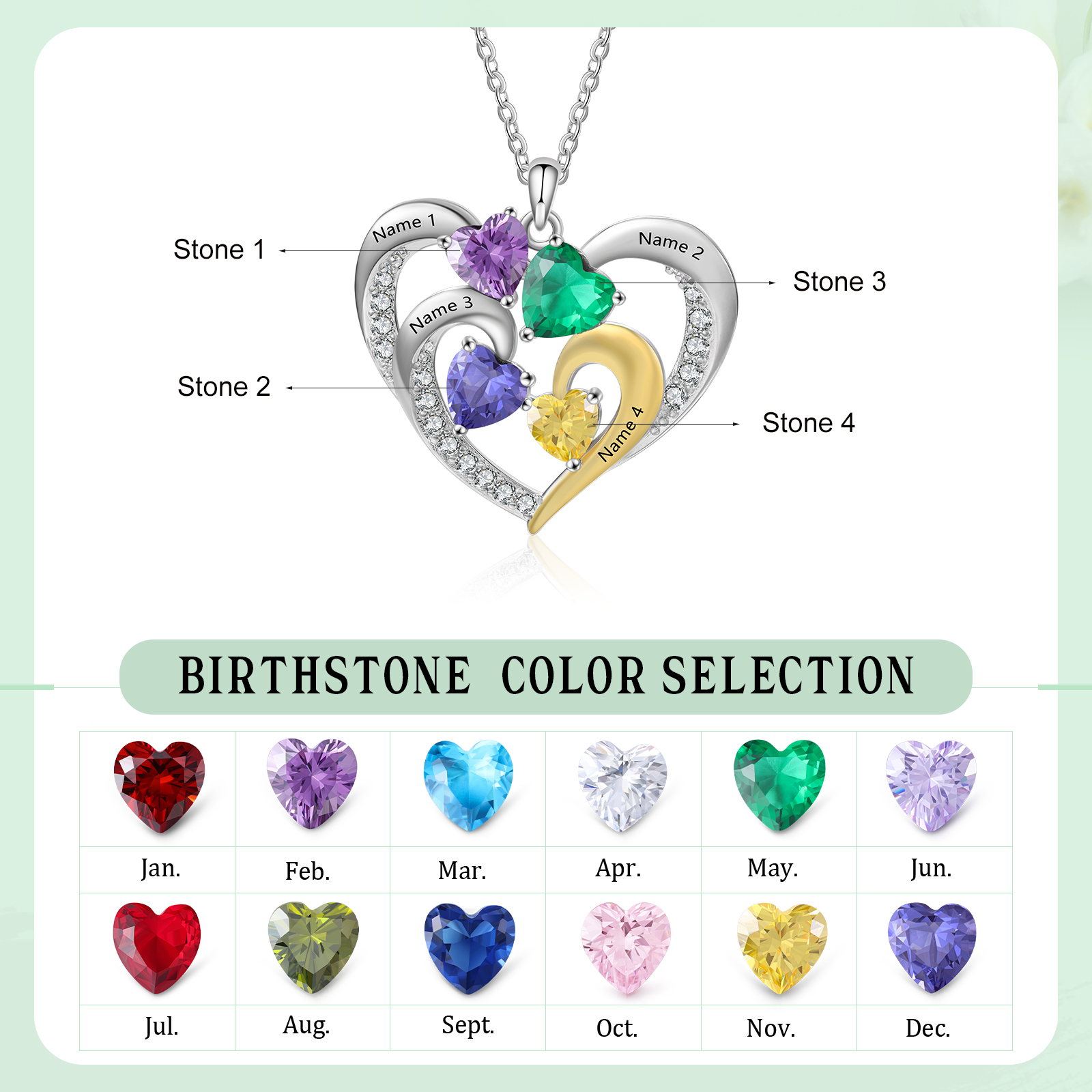 Personalised Intertwined Heart Pendant Necklace Custom 4 Birthstones & 4 Names Necklace Gifts for Her-Jessemade AU