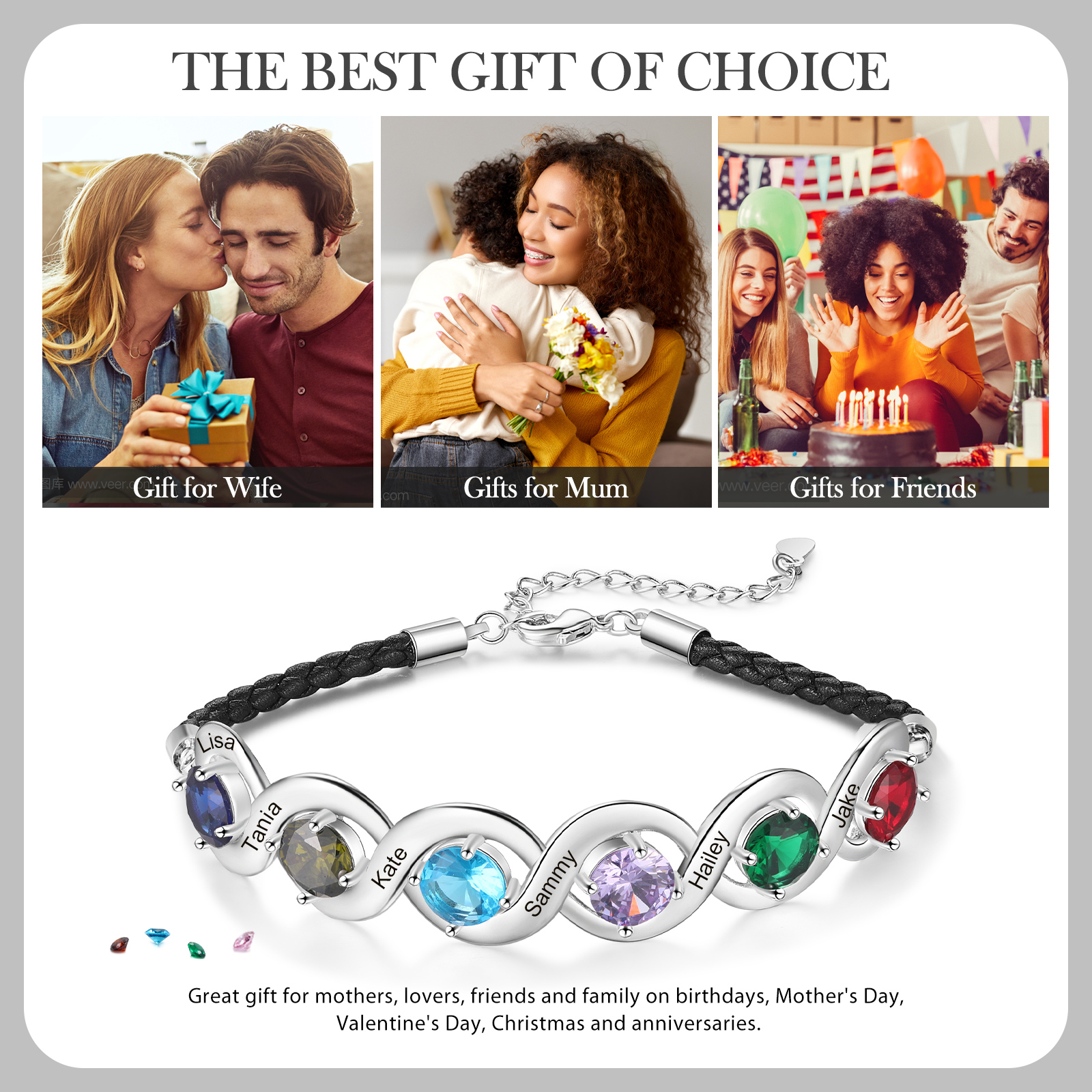 Personalised Infinity Bracelets Custom 6 Birthstones & 6 Names Adjustable Bracelet Gift for Her-Jessemade AU