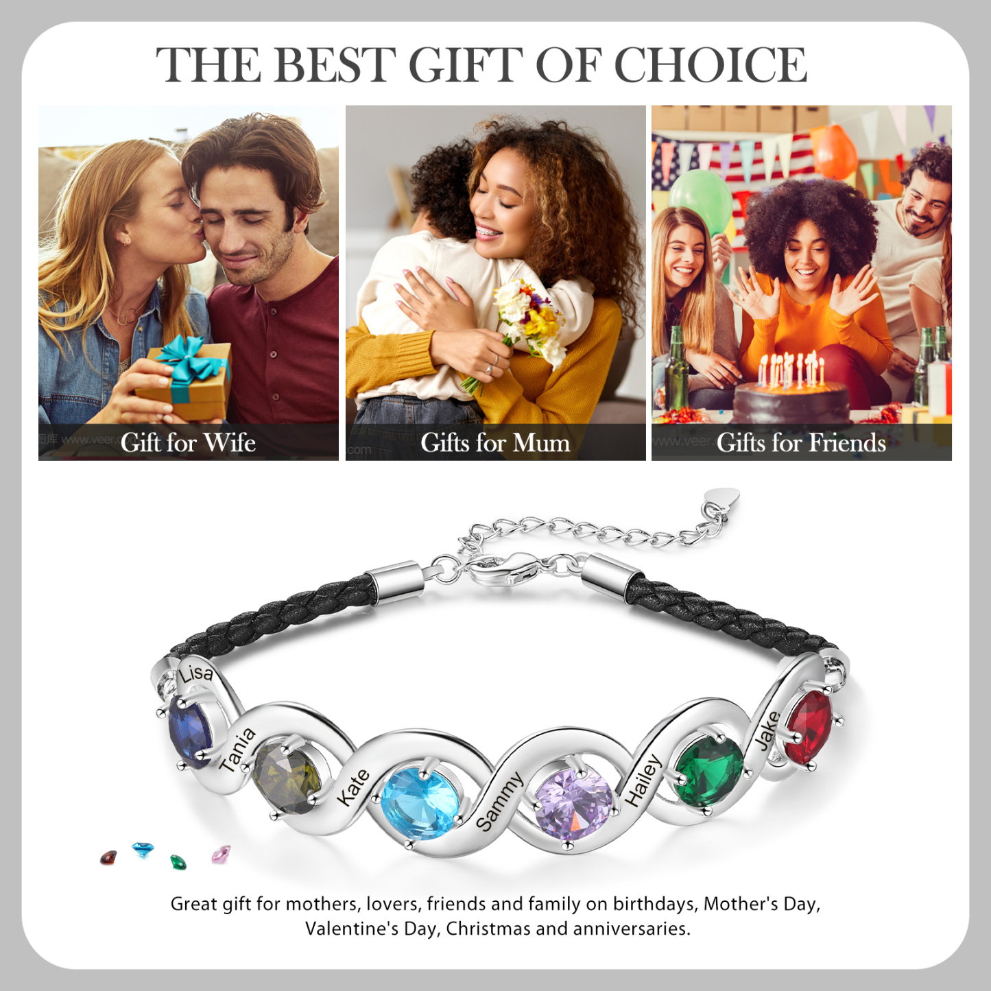 Personalised Infinity Bracelets Custom 6 Birthstones & 6 Names Adjustable Bracelet Gift for Her-Jessemade AU