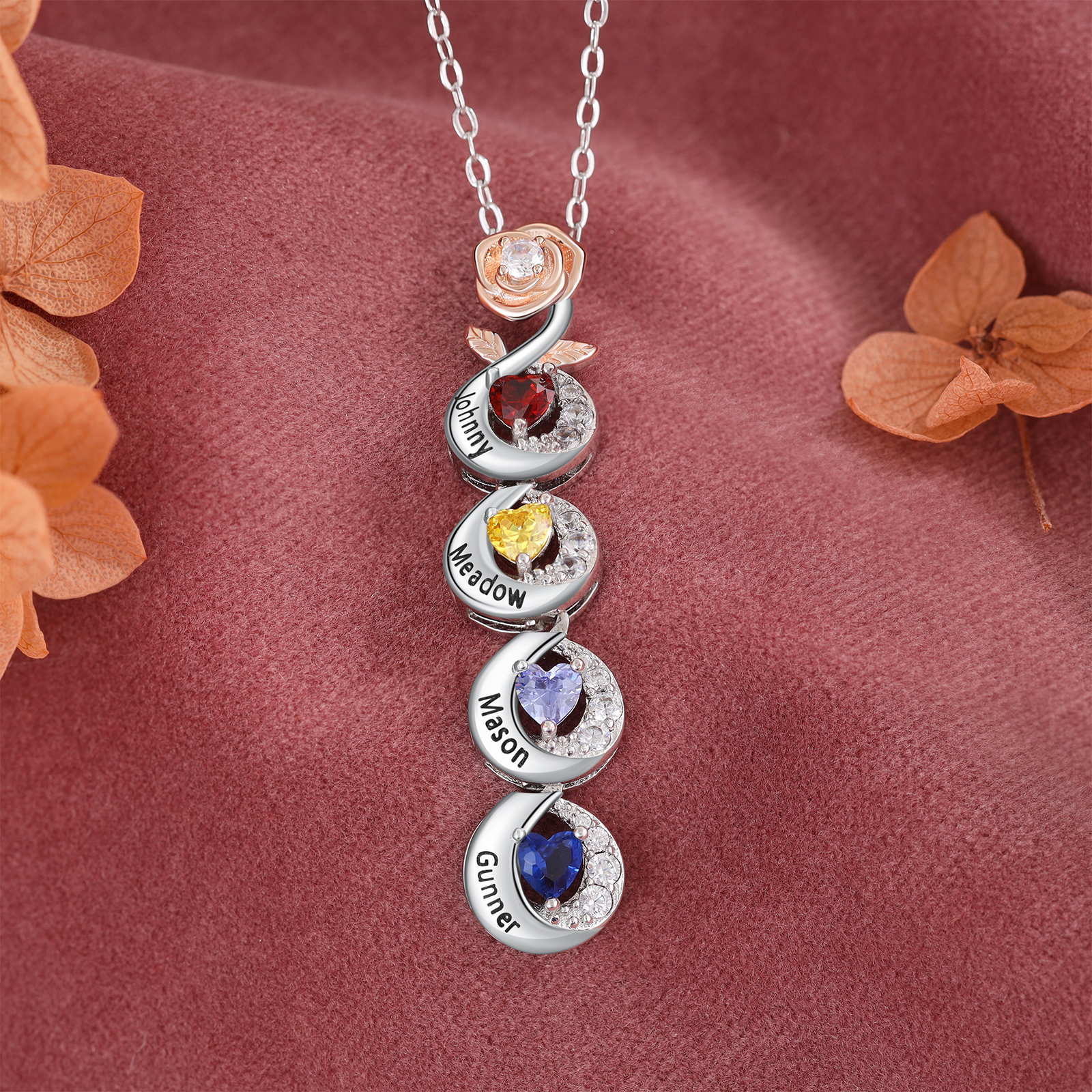 Custom Family Necklace Rose Pendant with 4 Birthstones Engraving 4 Names Gifts for Her-Jessemade AU