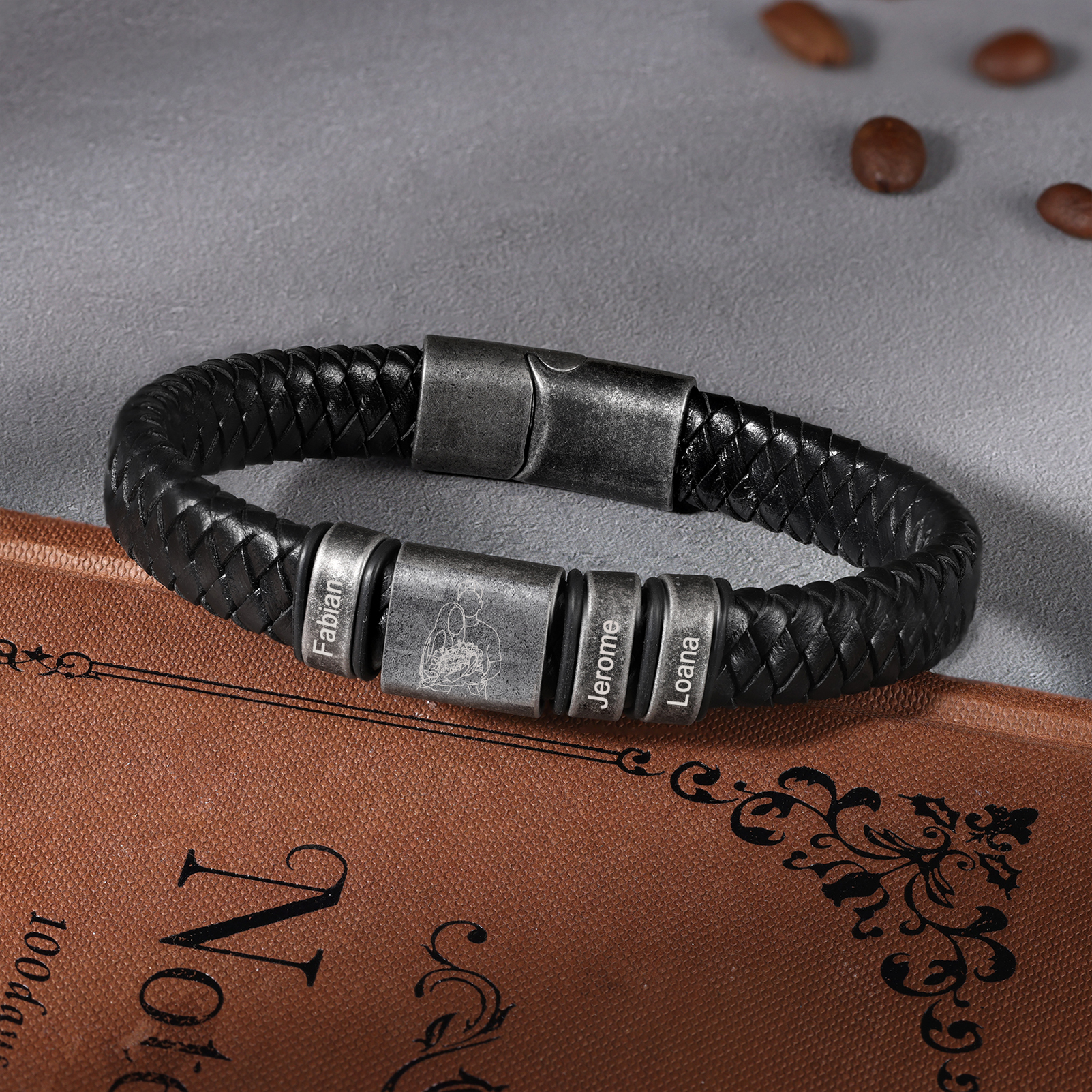 3 Names - Personalised Men's Leather Braided Bracelet Custom Name & Photo Bracelet Vintage Gift for Him-Jessemade AU
