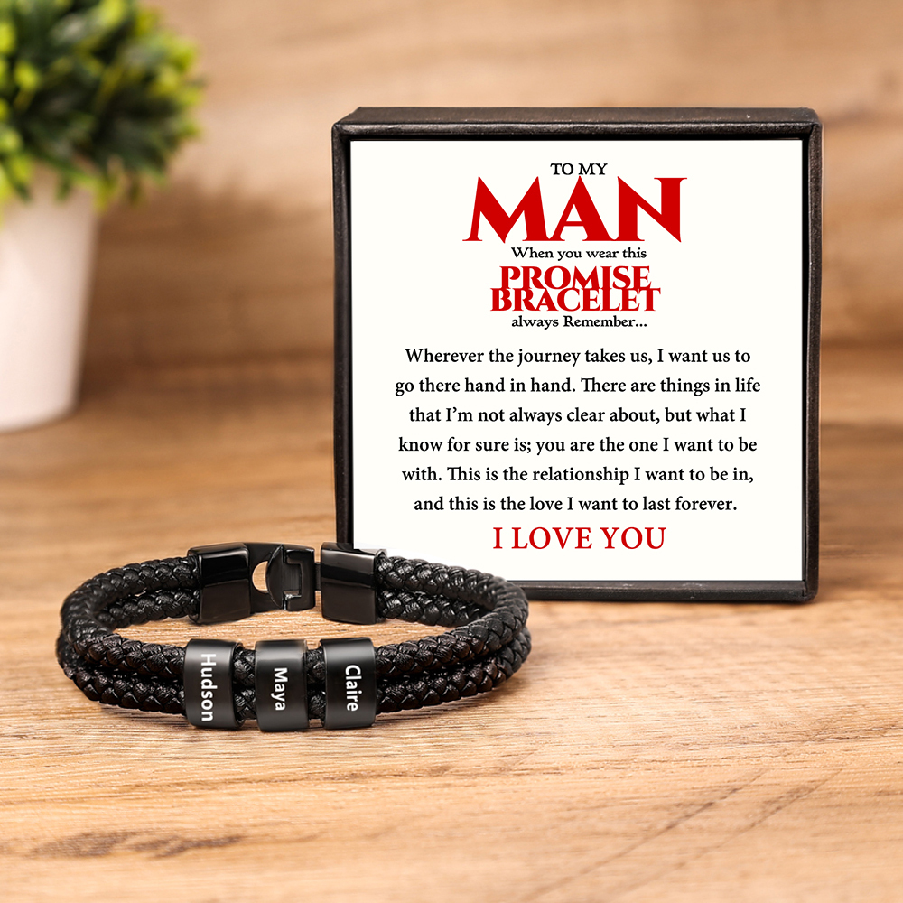 Personalised Braided Leather Bracelet Engraved 3 Names Men's Bracelet for Him-Jessemade AU