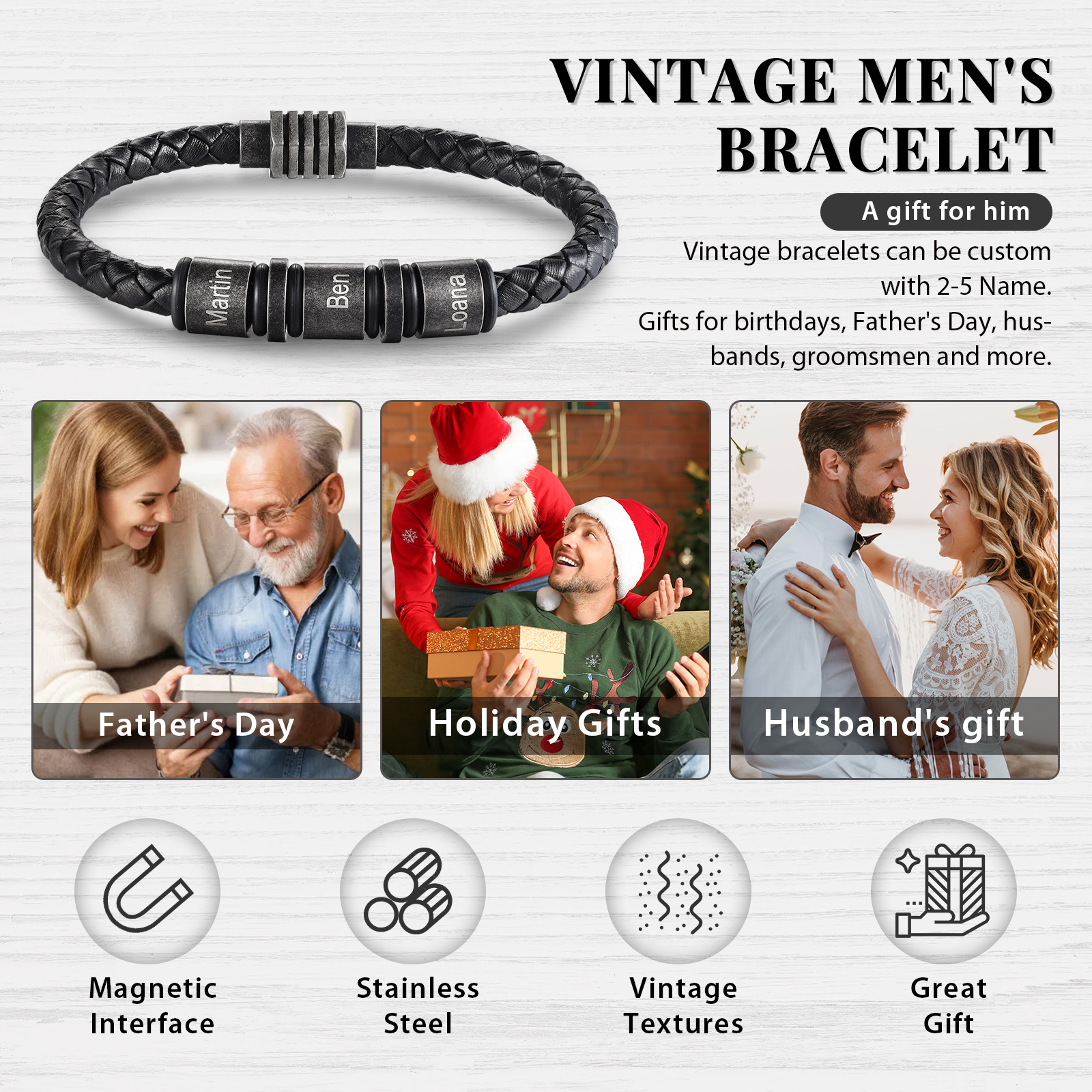 3 Names - Personalised Men's Leather Bracelet Custom Name Braided Bracelet Vintage Gift for Him-Jessemade AU