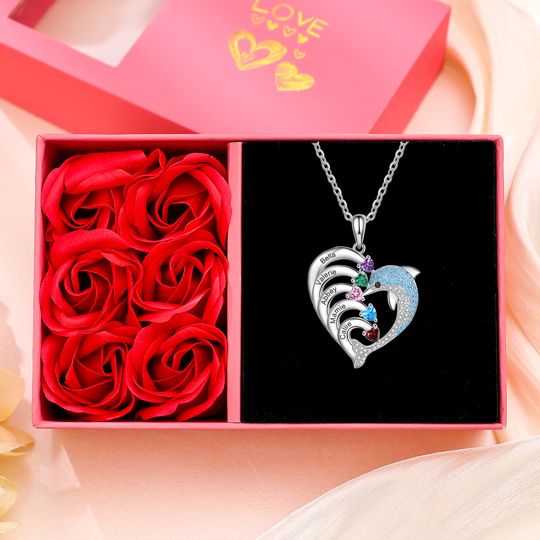 Personalised Heart Dolphin Necklace With 5 Birthstones Engraved Names Gift For Mum-Jessemade AU